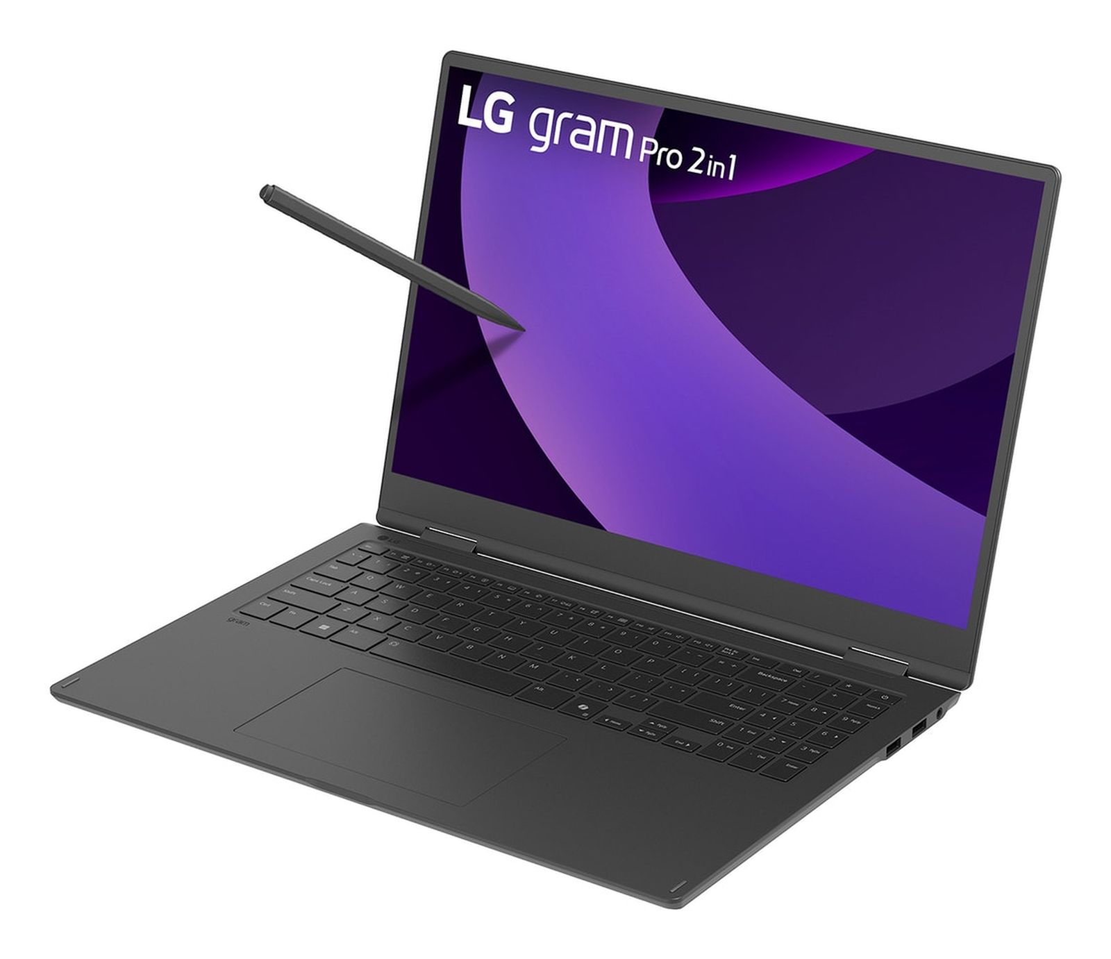 Czarny laptop LG Gram Pro 2 w 1 ze stylusem, na białym tle.