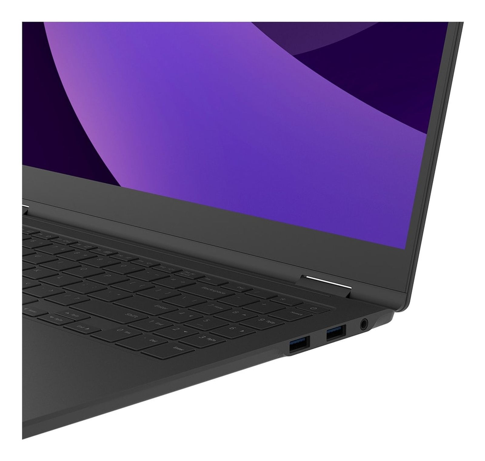 Czarny laptop z fioletowym ekranem, klawiaturą i dwoma portami USB.