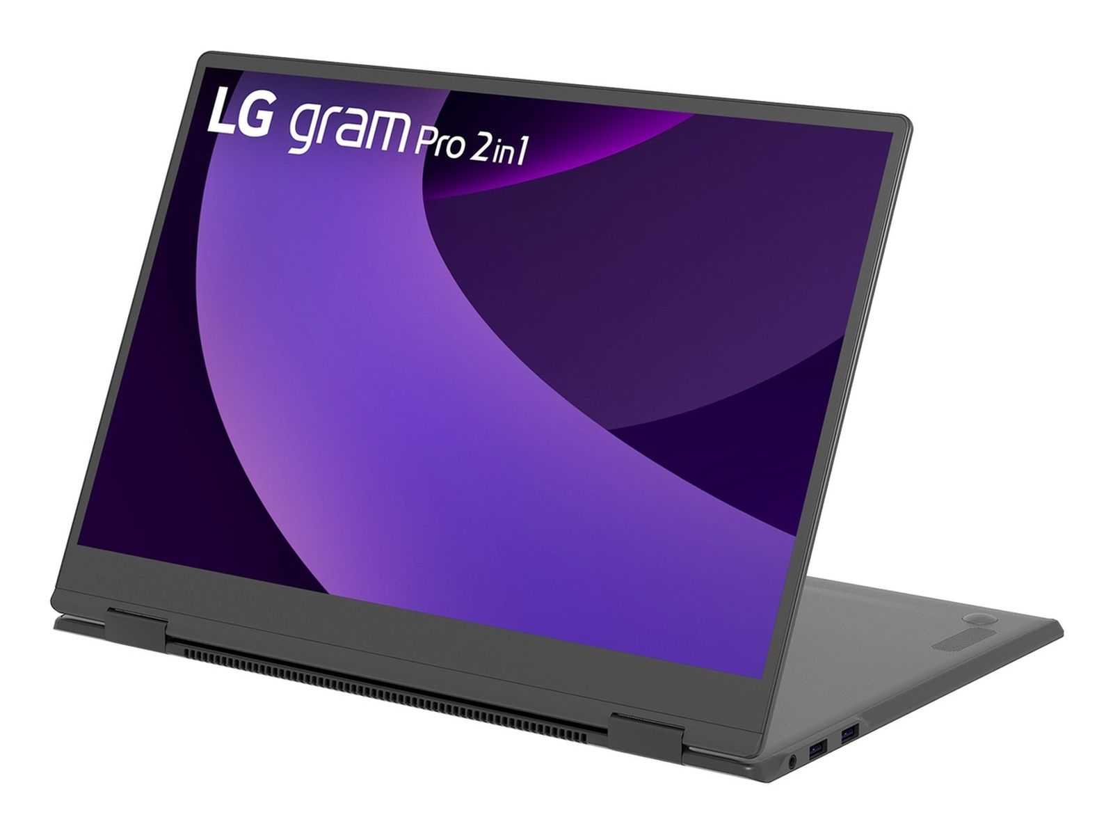 Szary laptop LG Gram Pro 2in1 z fioletowym tłem na ekranie.