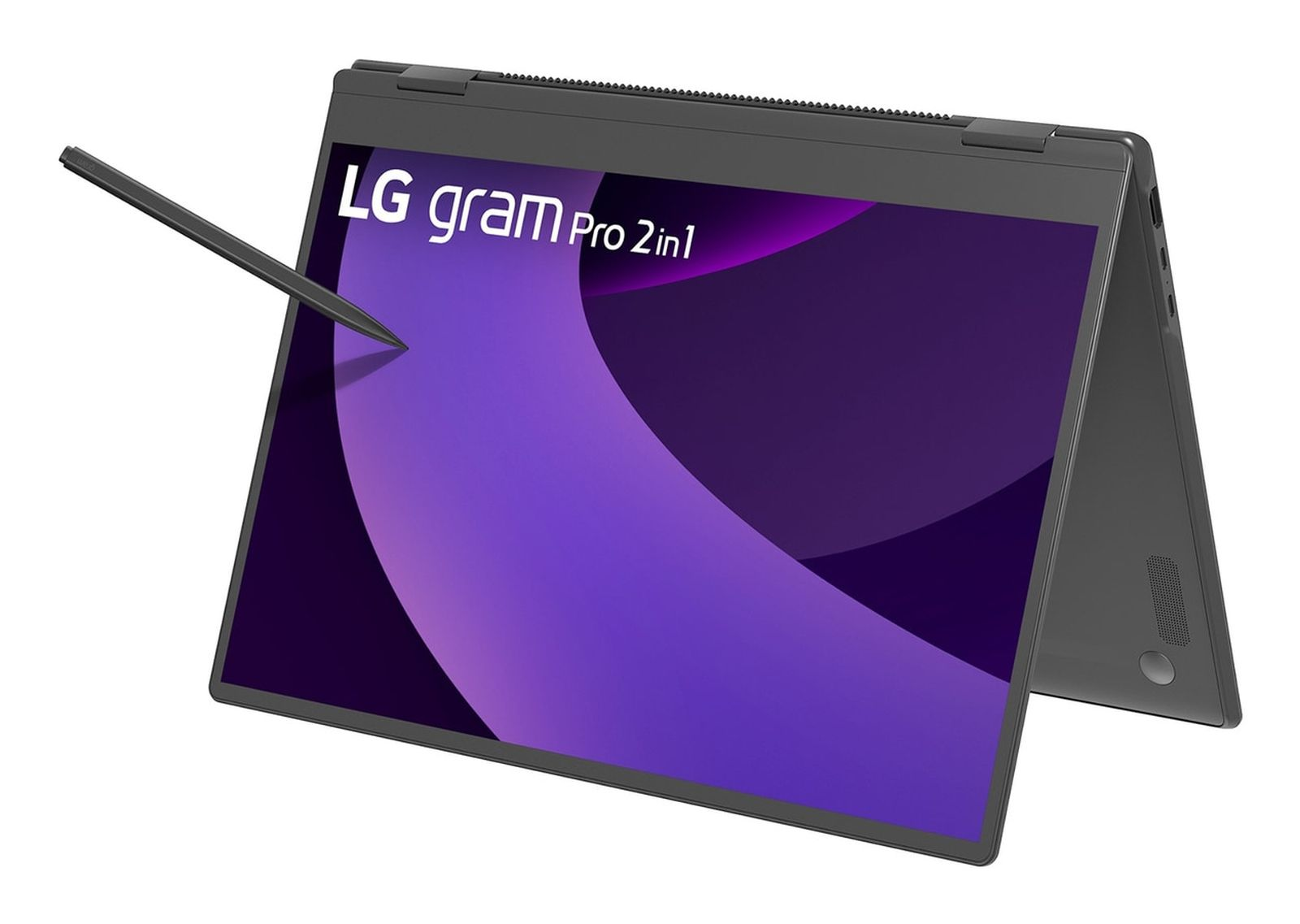 Laptop LG Gram Pro 2in1 ze stylusem na fioletowym ekranie.