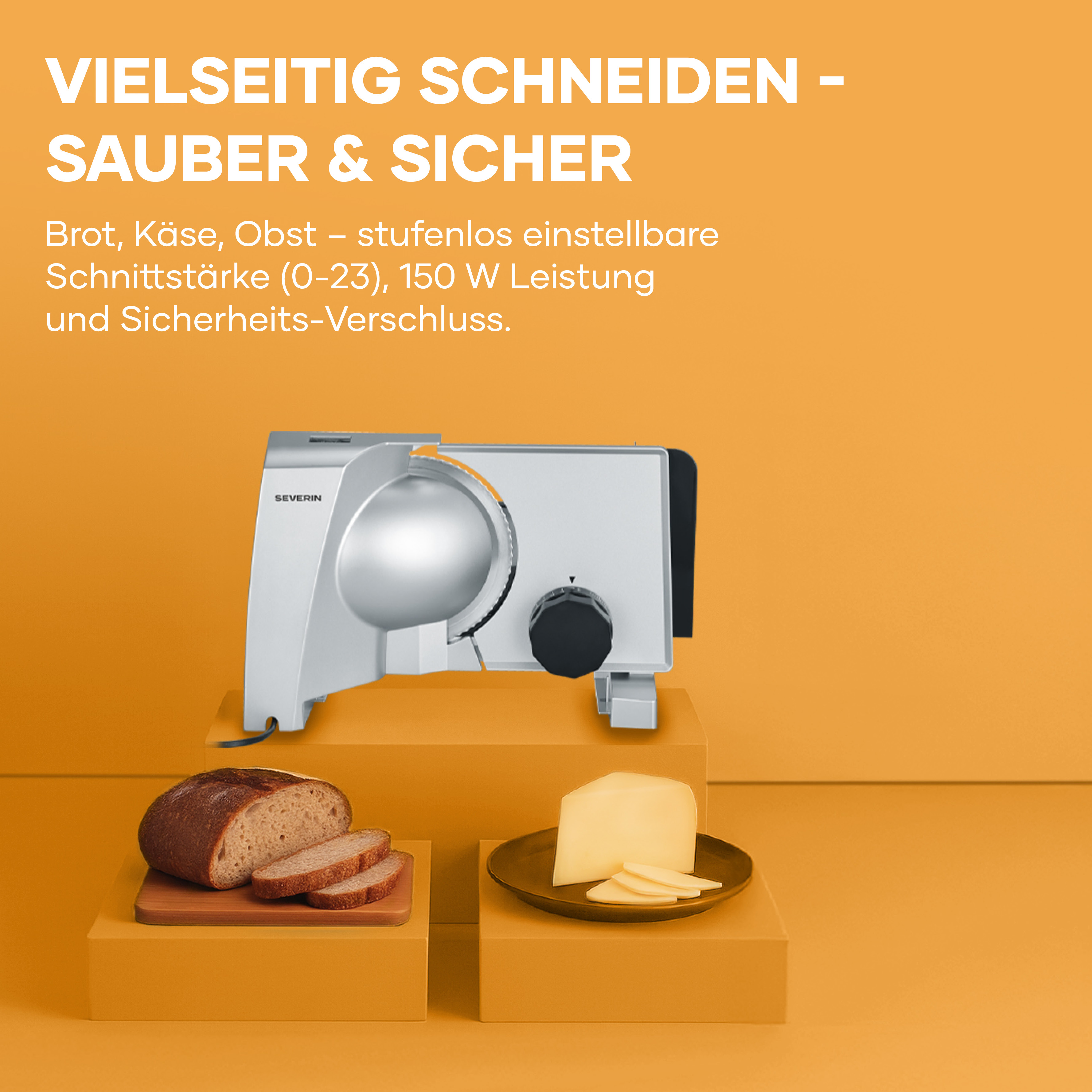 Ein elektrischer Severin-Schneider mit Brot und Käse vor orangem Hintergrund.