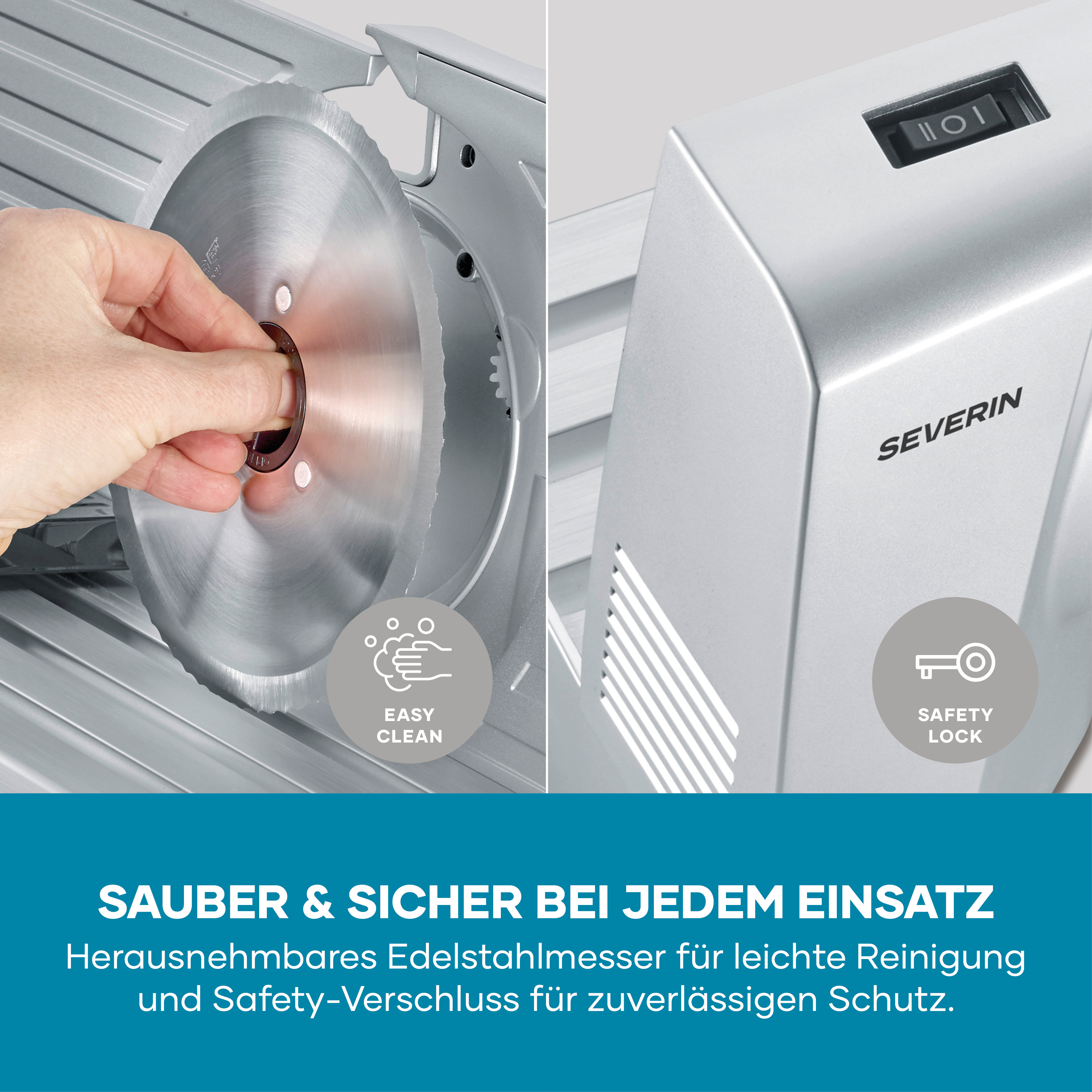 Nahaufnahme eines silbernen Fleischschneiders mit Klinge und Schalter.
