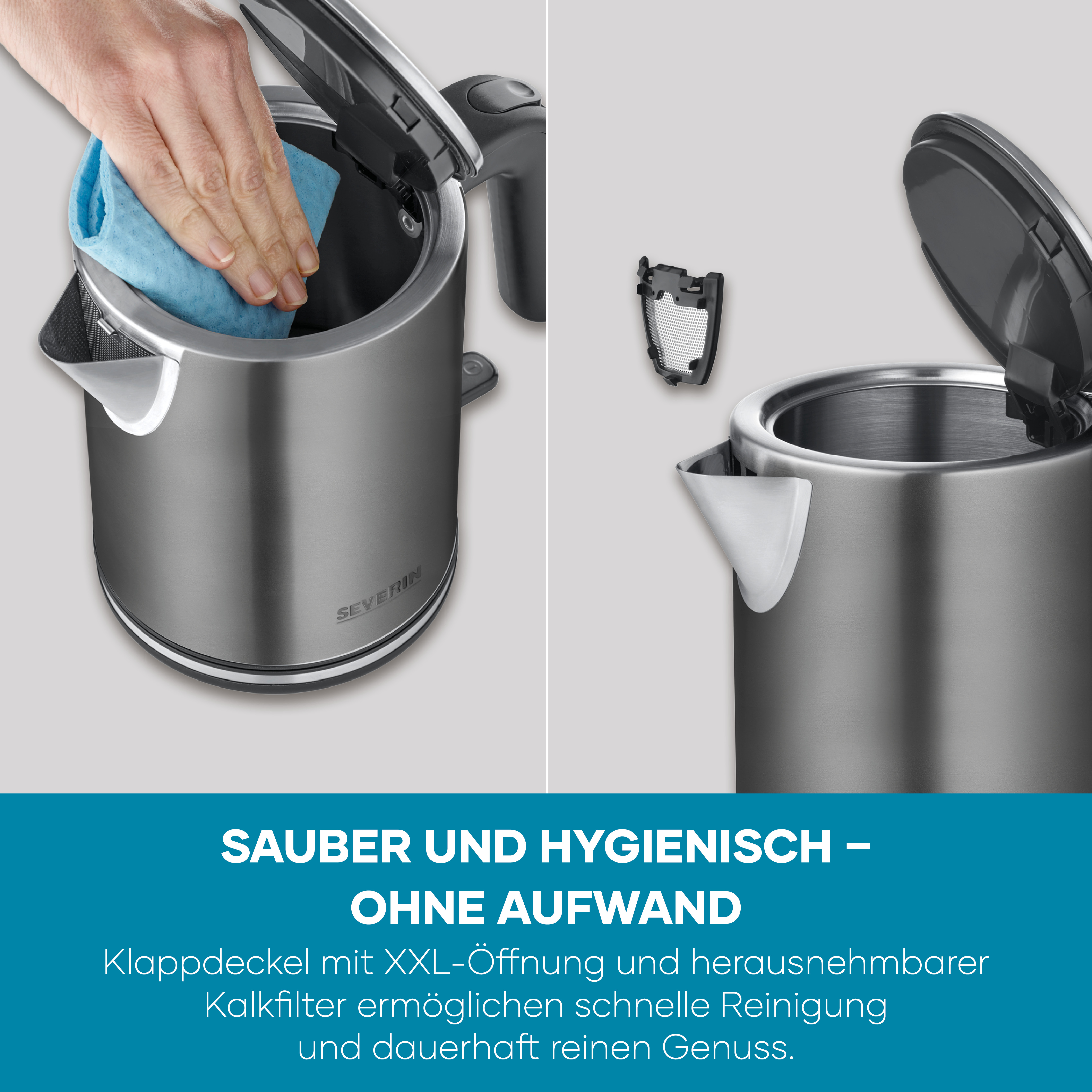 Ein Sieb im Wasserkocherdeckel und eine Hand reinigt ihn mit einem blauen Tuch.