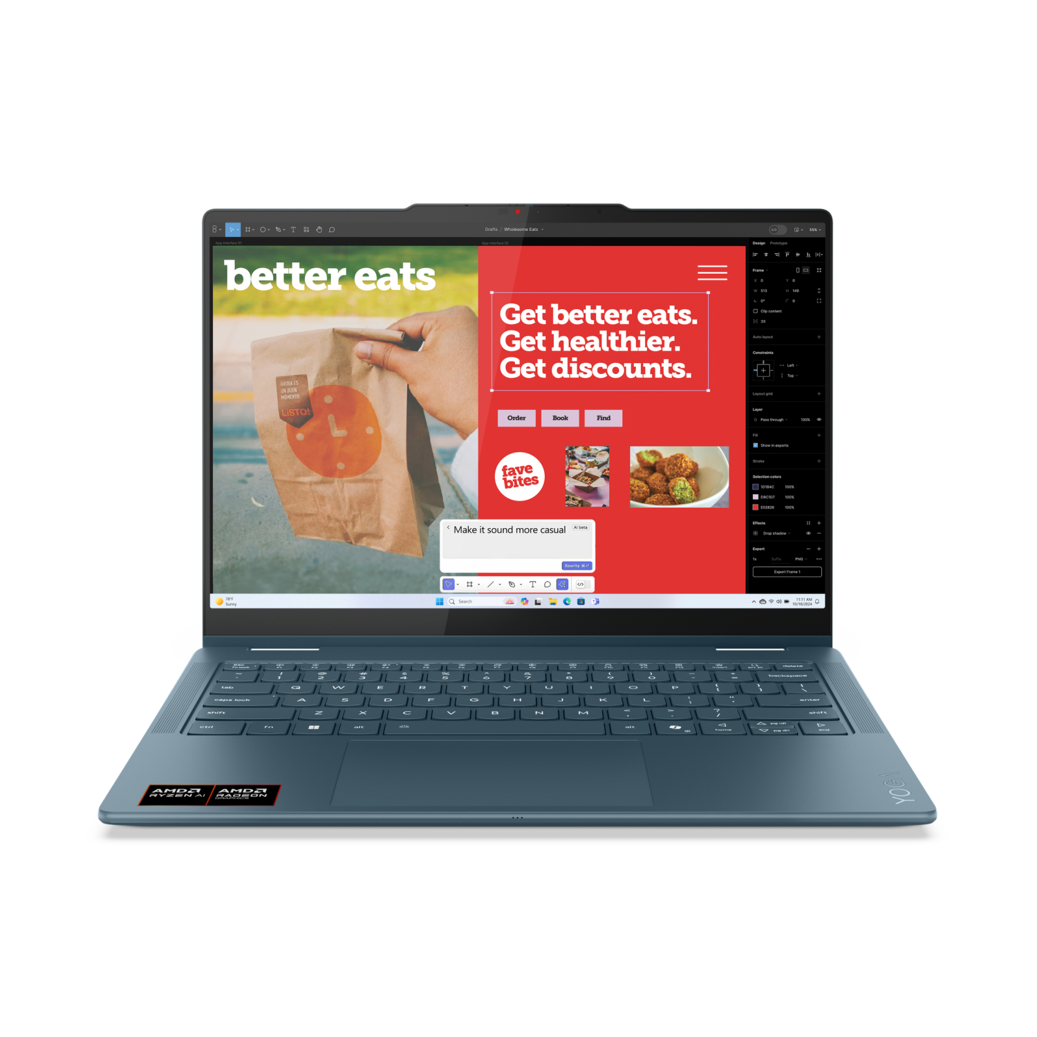 Niebieski laptop wyświetla aplikację z jedzeniem i zniżkami. Ręka trzyma papierową torbę.