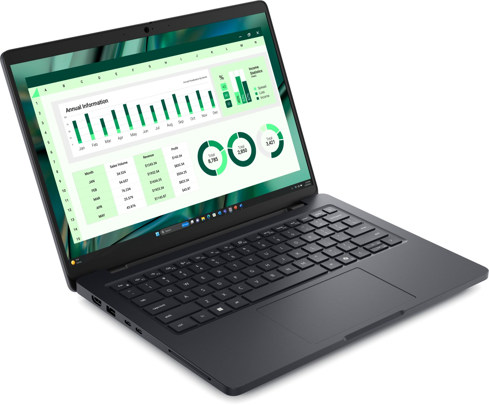 Otwarty laptop wyświetla dane arkusza kalkulacyjnego z wykresami i wykresami kołowymi.