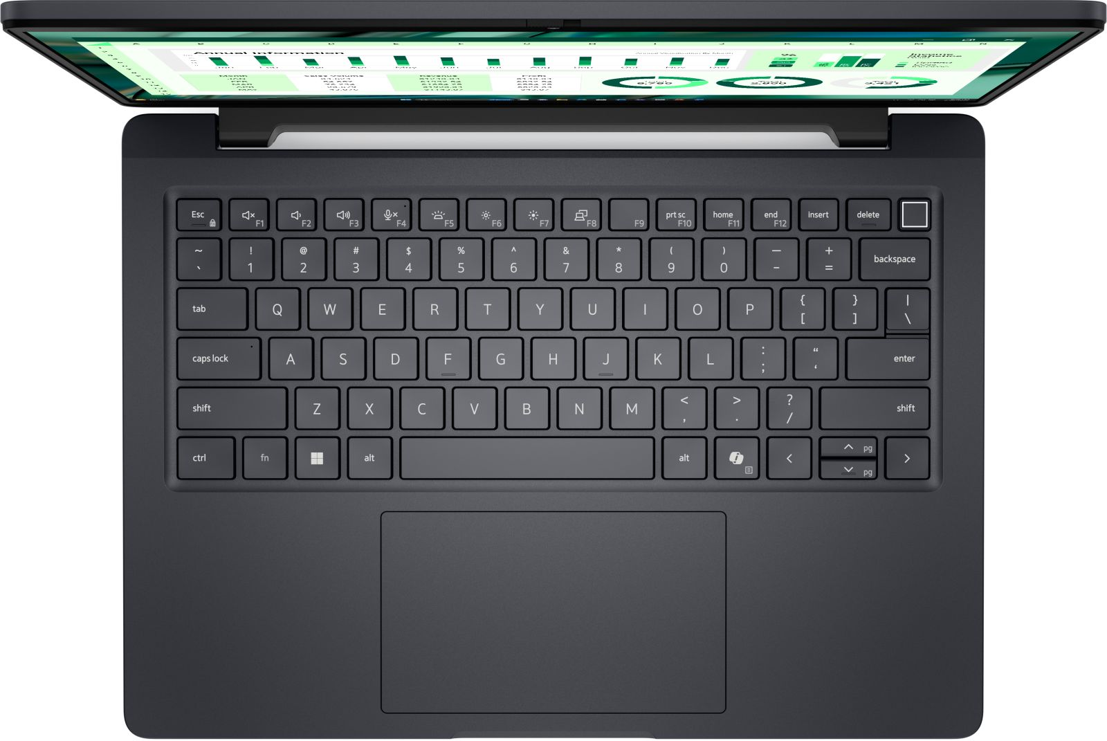 Ciemnoszary laptop z góry, z otwartym ekranem wyświetlającym wykresy.
