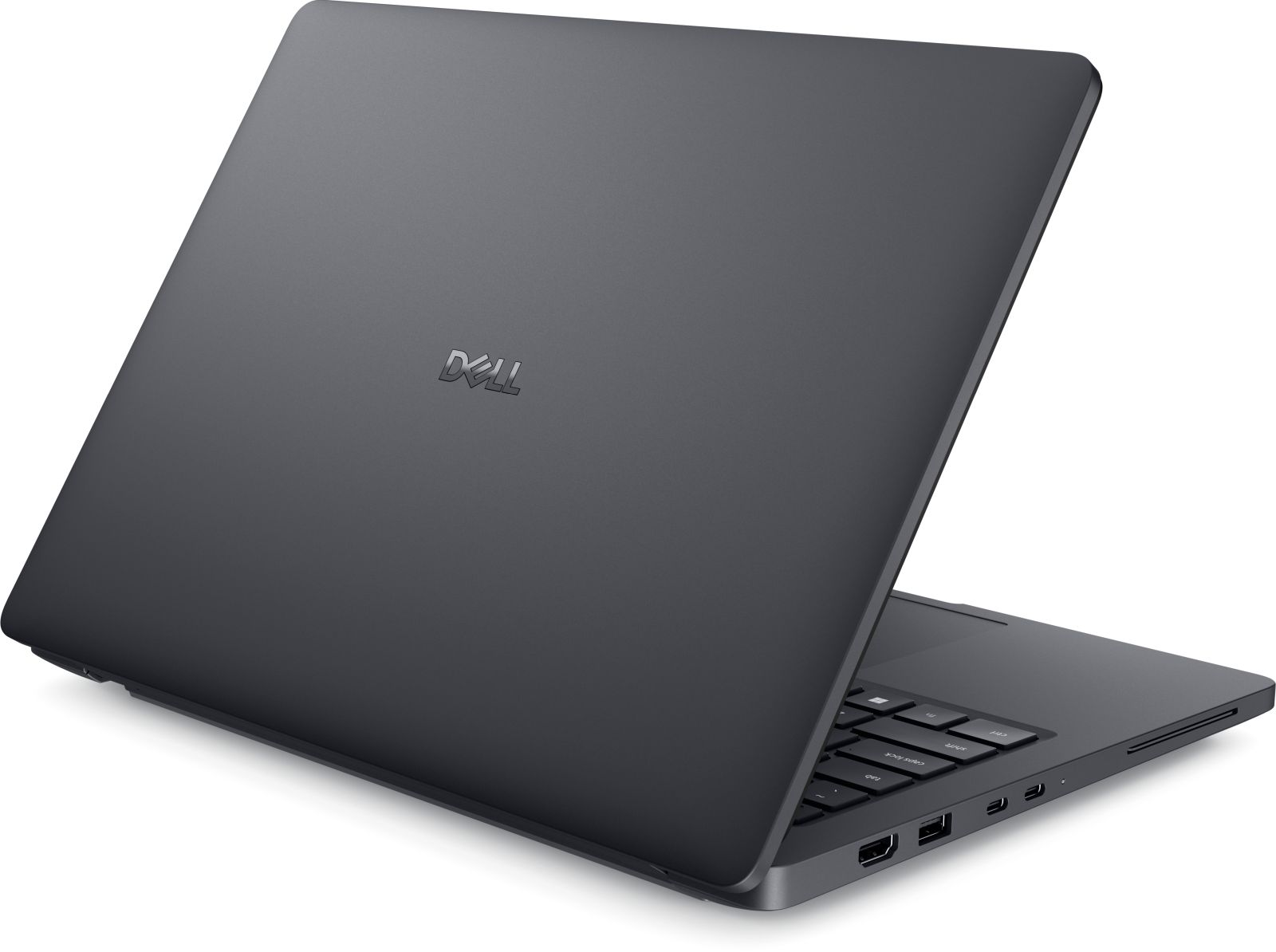 Zamknięty, ciemny laptop Dell z logo na pokrywie.