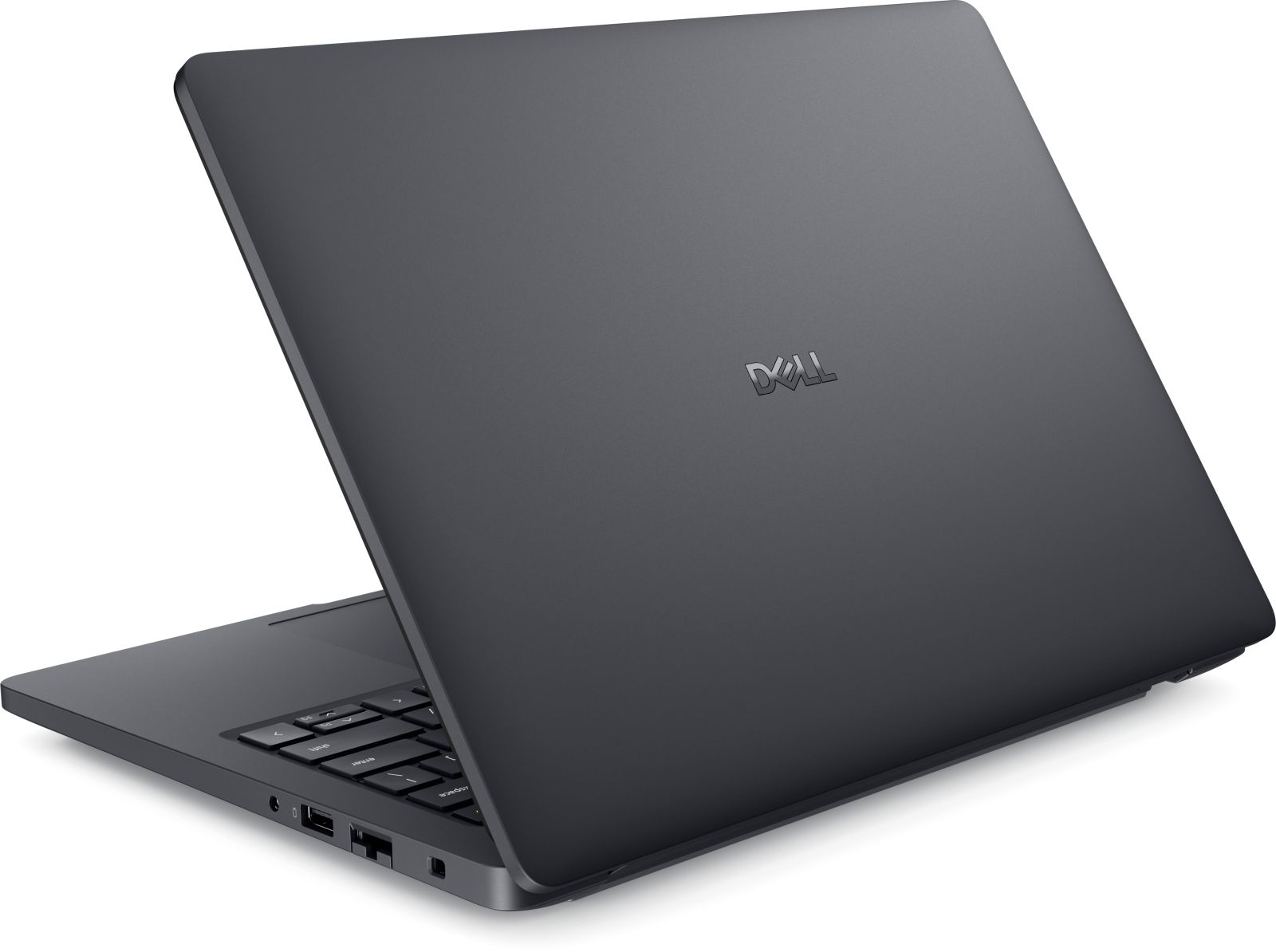 Zamknięty, ciemnoszary laptop Dell z widocznym logo na pokrywie.