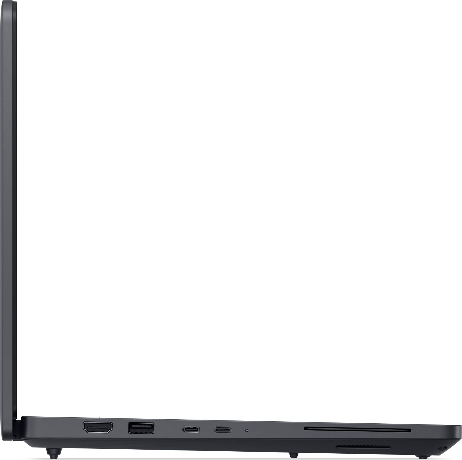 Lewa strona ciemnego laptopa, z portami HDMI, USB-A, dwoma USB-C i czytnikiem kart SD.