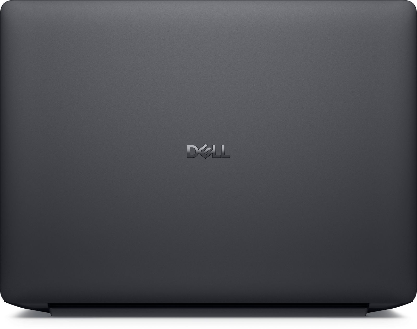 Zamknięty ciemnoszary laptop Dell z logo pośrodku.