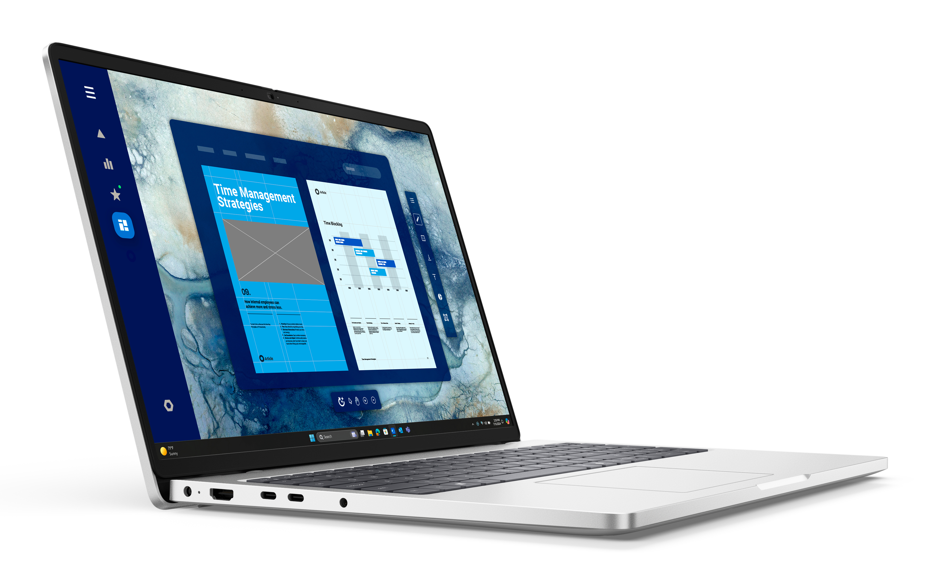 Srebrny laptop wyświetla prezentację o strategiach zarządzania czasem.