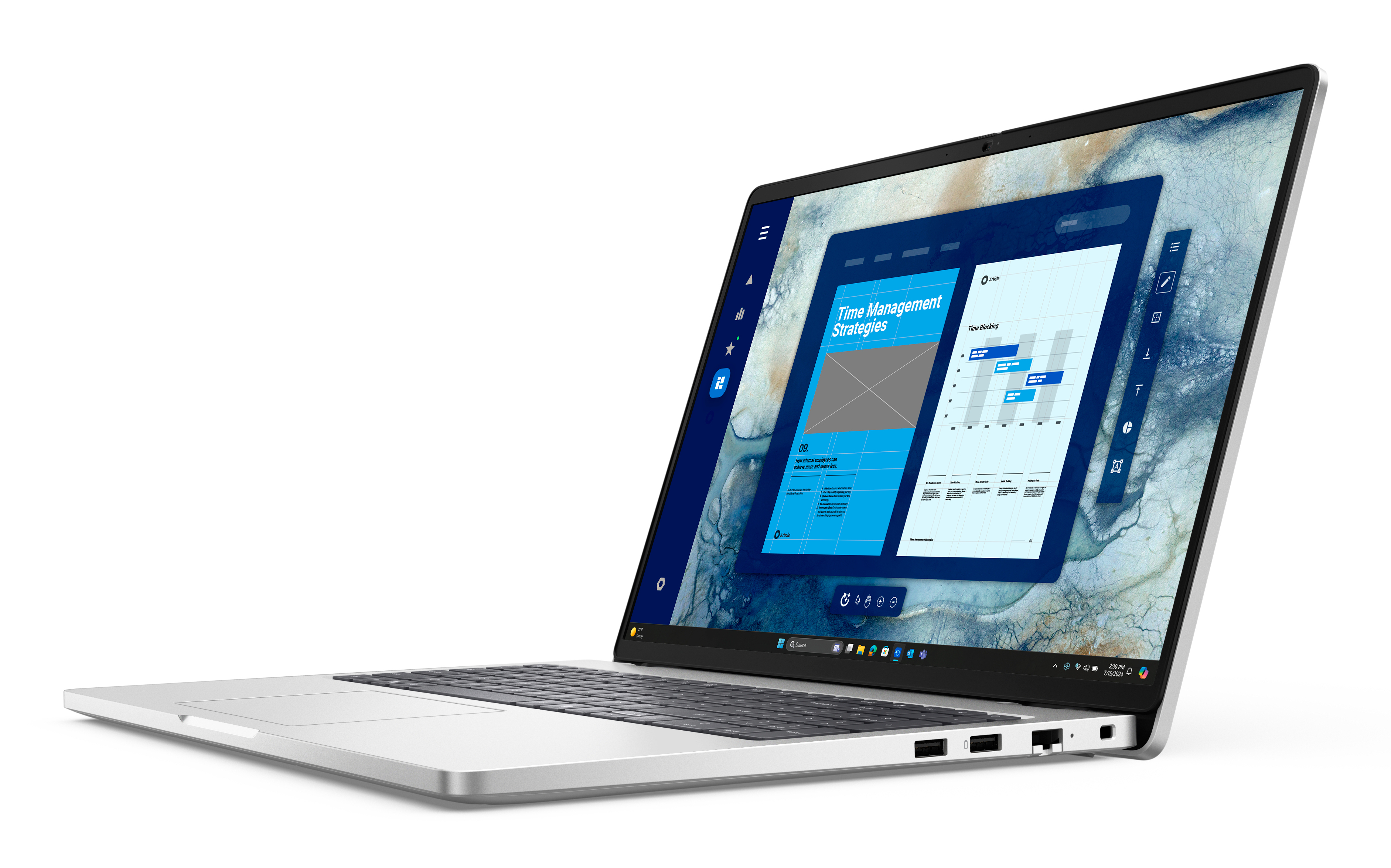 Srebrny laptop wyświetla prezentację strategii zarządzania czasem, zawierającą wykresy i tekst.