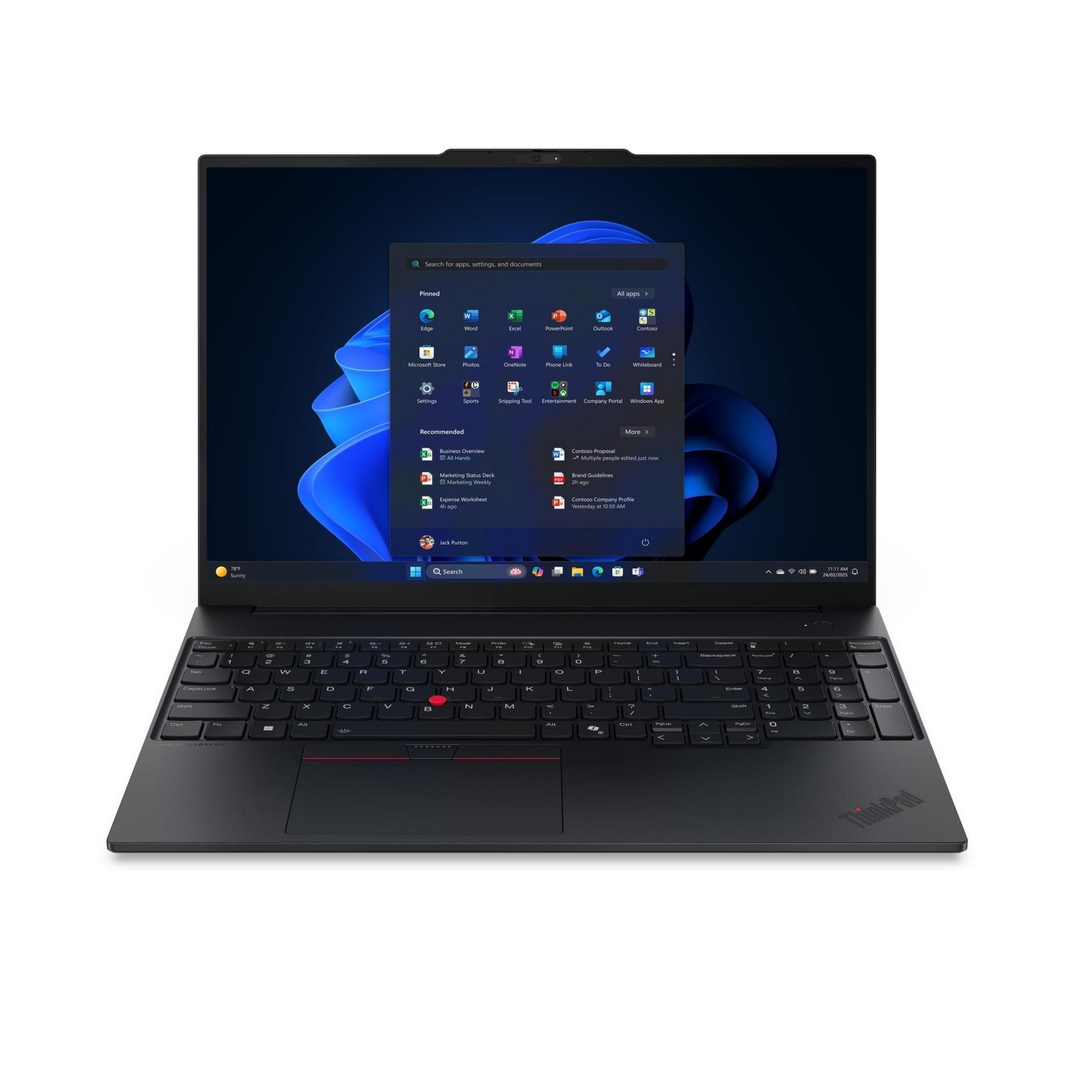 Czarny laptop z podświetlanym menu startowym Windows 11 i klawiaturą.