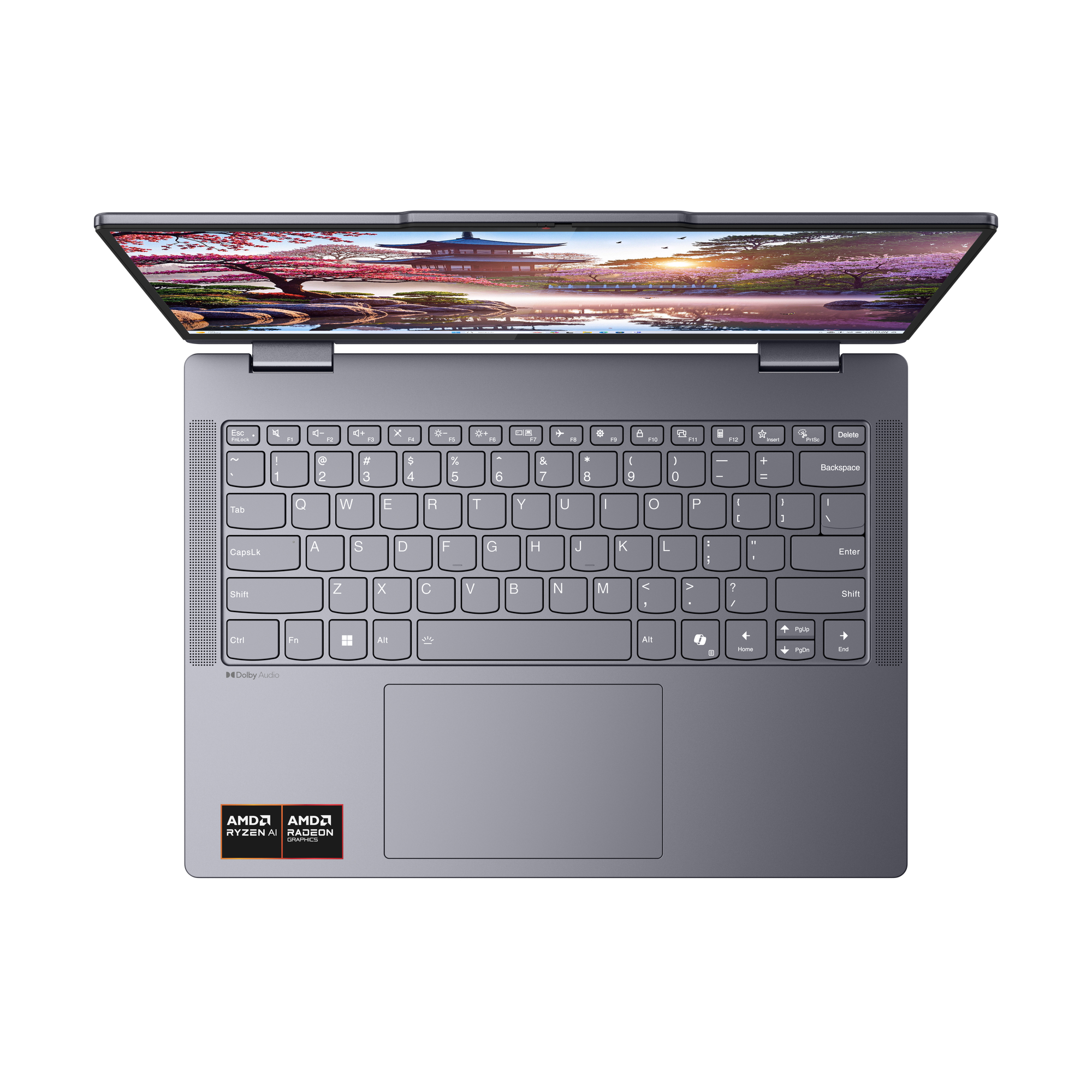 Szary laptop otwarty, na ekranie scena z japońskiego ogrodu. Z AMD Ryzen AI.