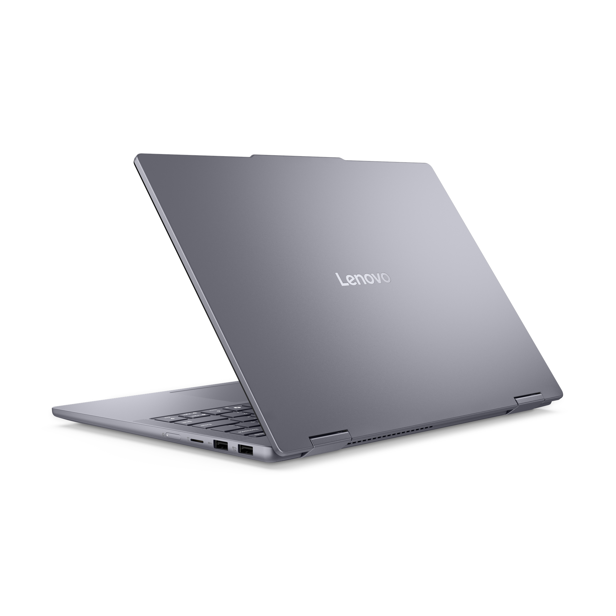 Zamknięty szary laptop z logo Lenovo na pokrywie.