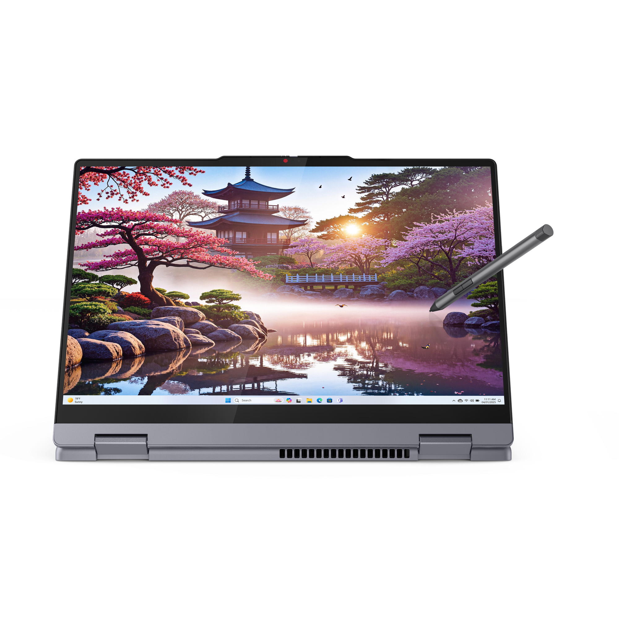 Laptop wyświetlający scenę japońskiego ogrodu z rysikiem.