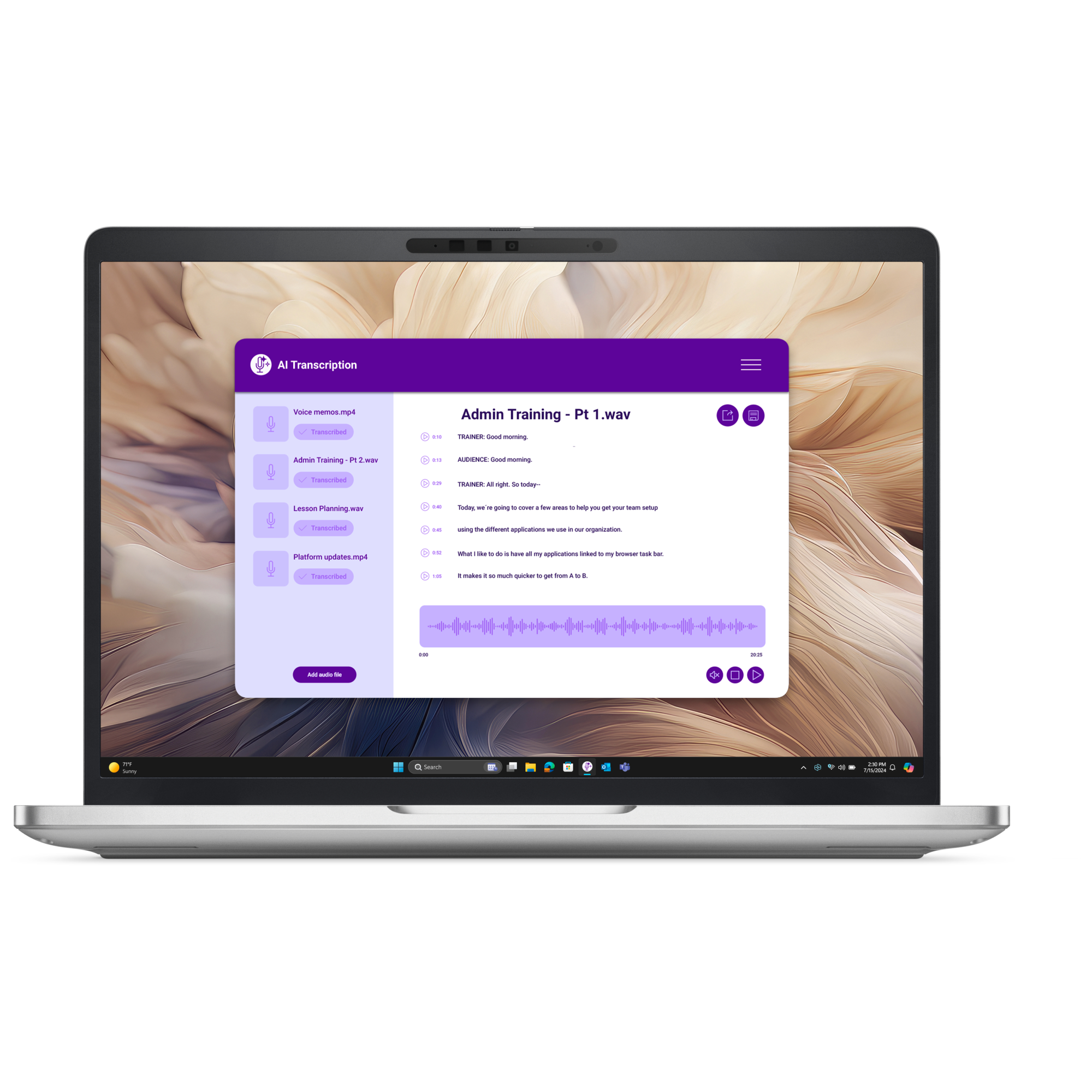 Laptop wyświetla oprogramowanie do transkrypcji AI z przebiegiem falowym i transkrypcjami.