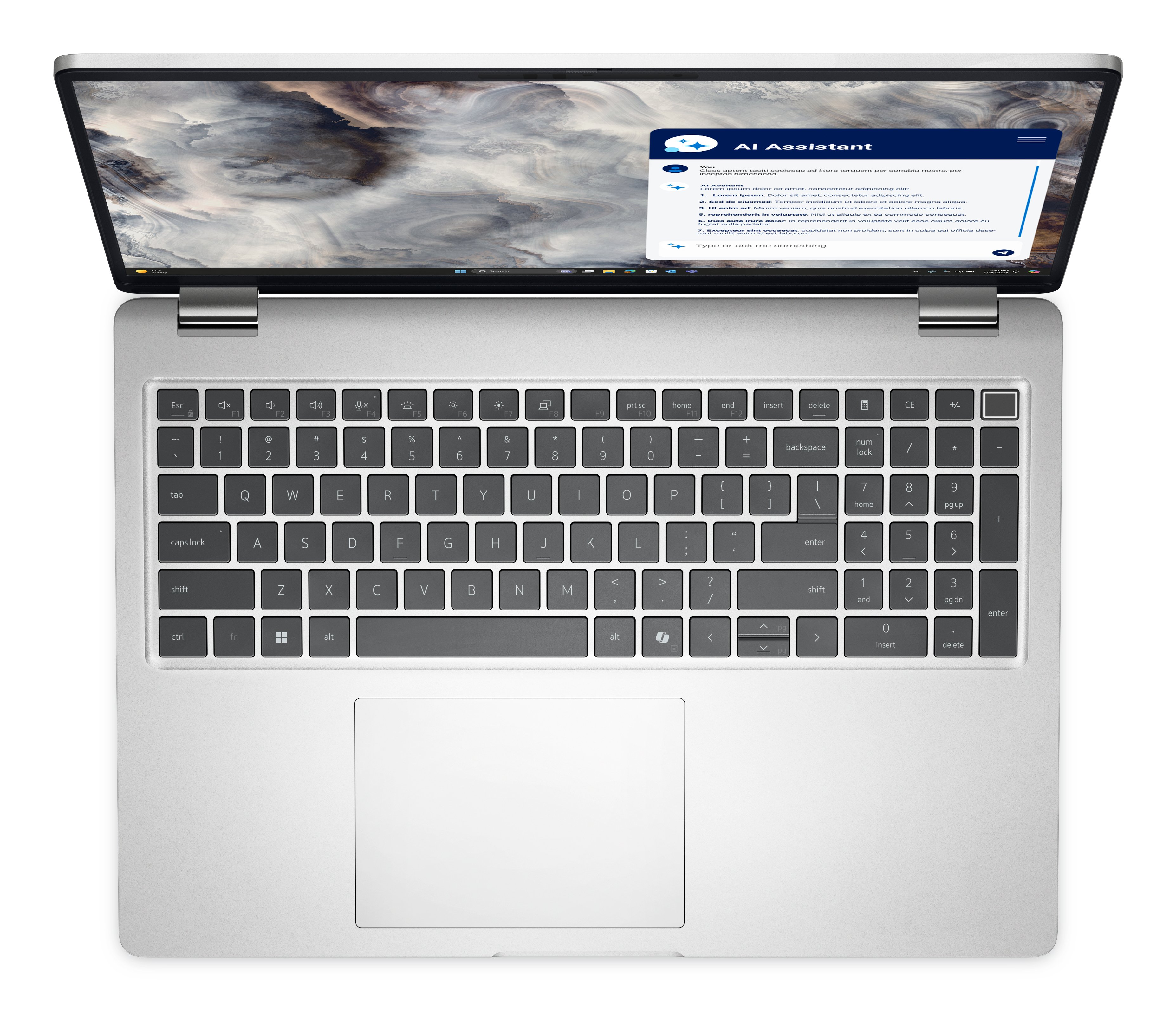 Srebrny laptop z otwartym ekranem wyświetlającym interfejs asystenta AI.