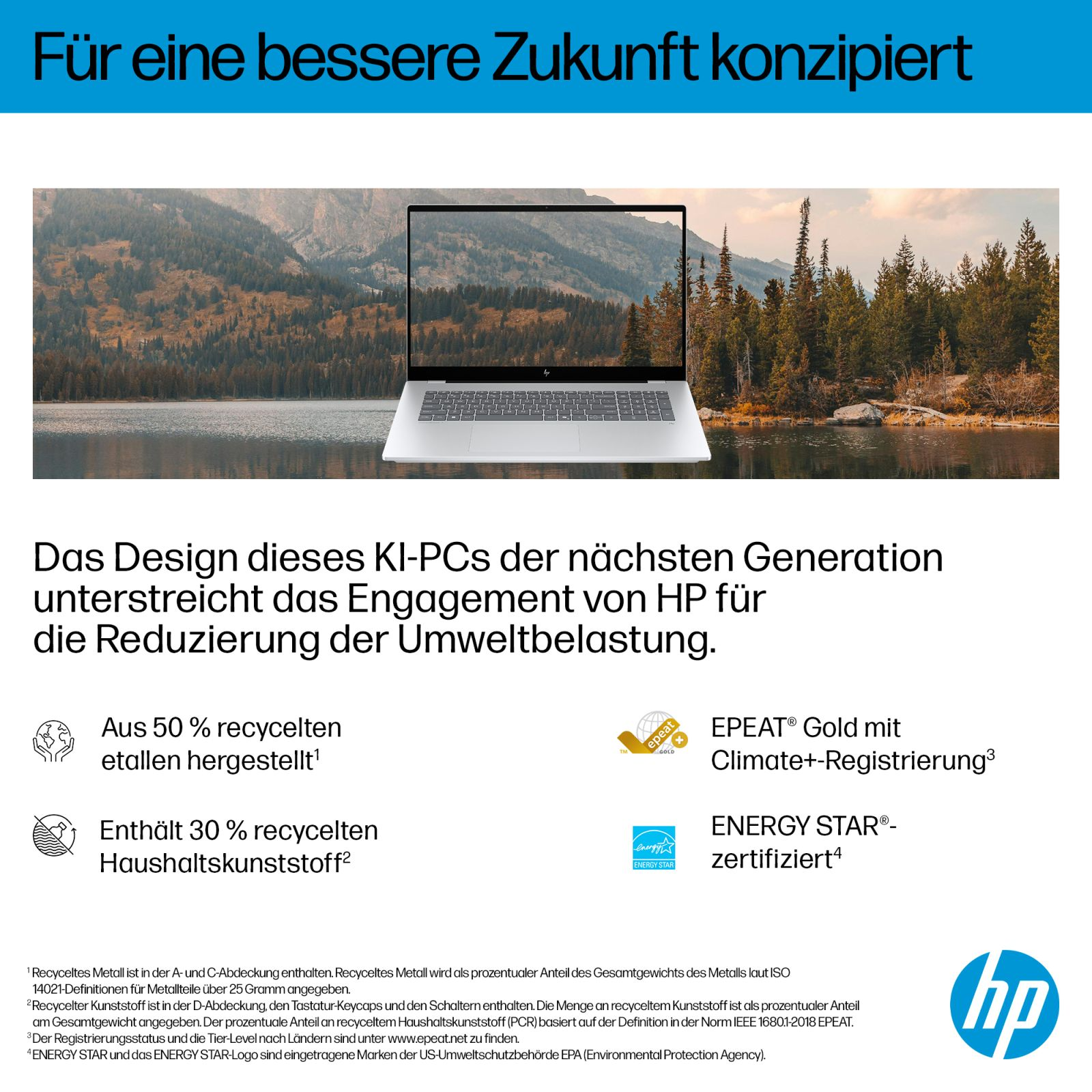 Srebrny laptop na tle górskiego krajobrazu z jeziorem. Logo HP w prawym dolnym rogu.