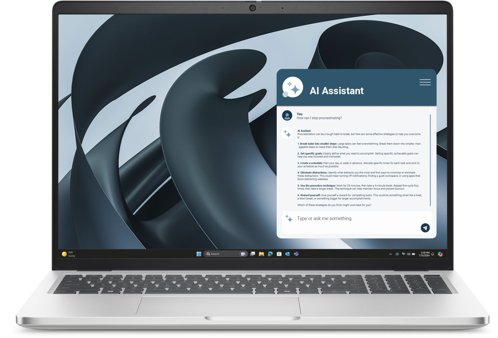 Laptop wyświetlający okno czatu Asystenta AI z poradami, jak przestać prokrastynować.