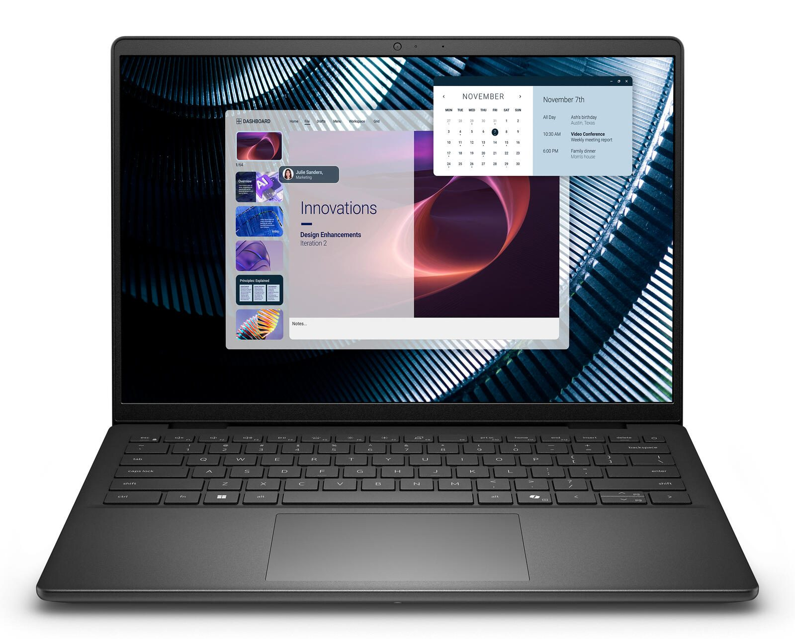 Laptop wyświetlający kalendarz i aplikację z notatkami. Widnieje "Innovations".