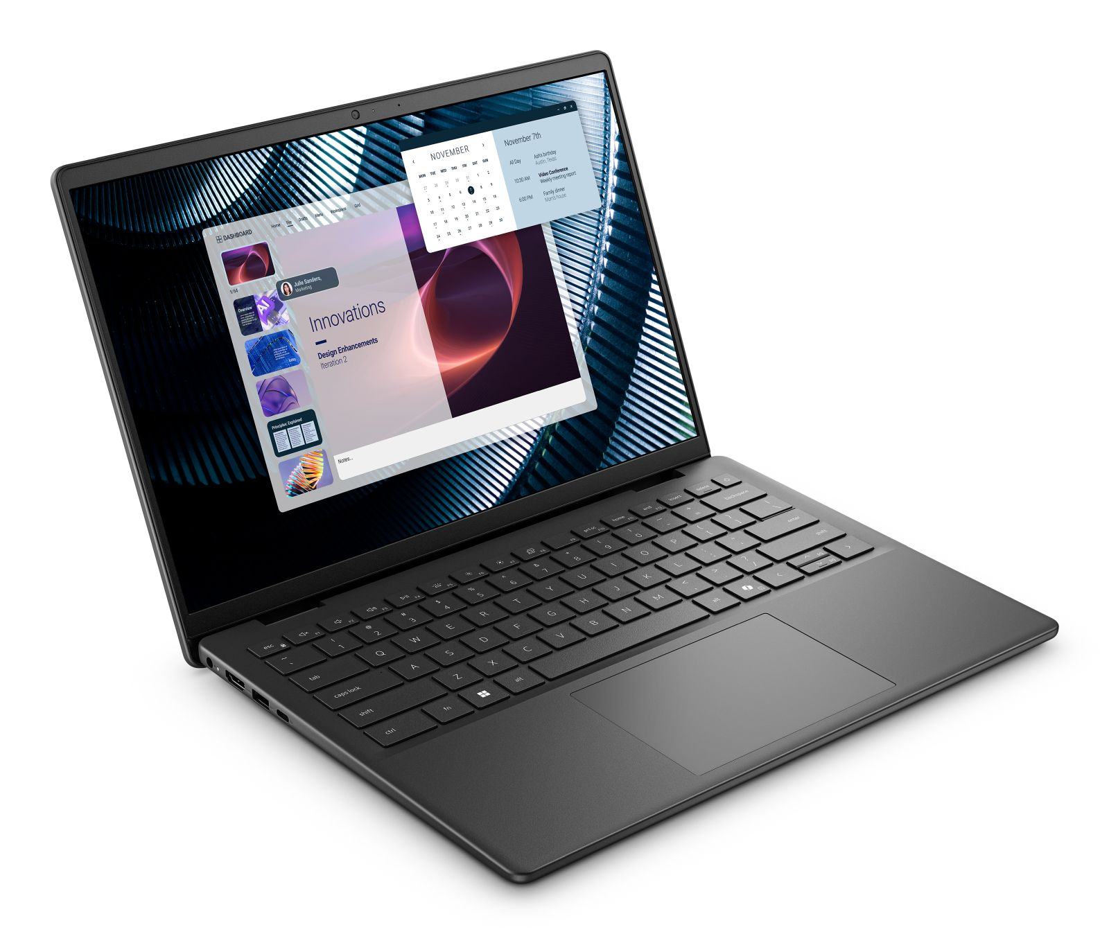 Czarny laptop z otwartym ekranem, wyświetlający kalendarz i stronę z innowacjami.