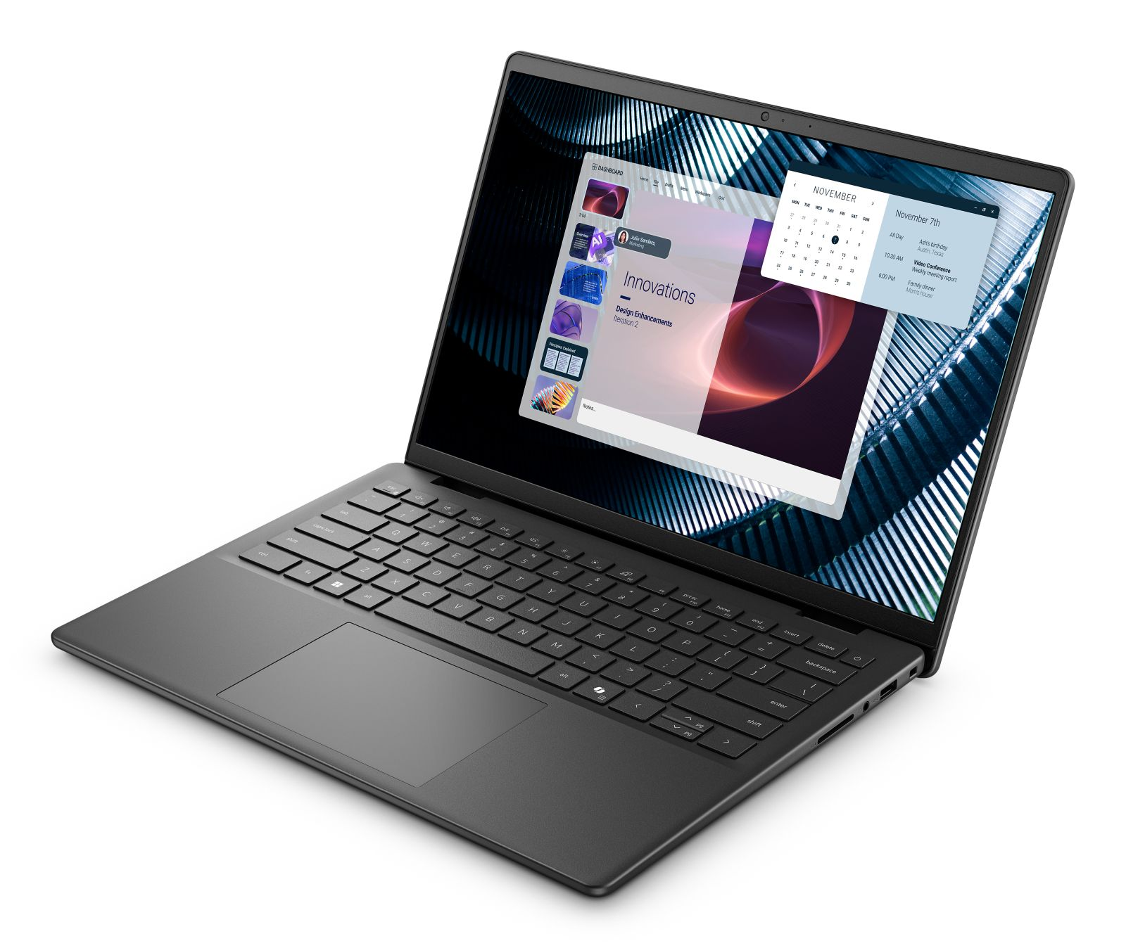 Czarny laptop wyświetla interfejs z kalendarzem i panelem innowacji.