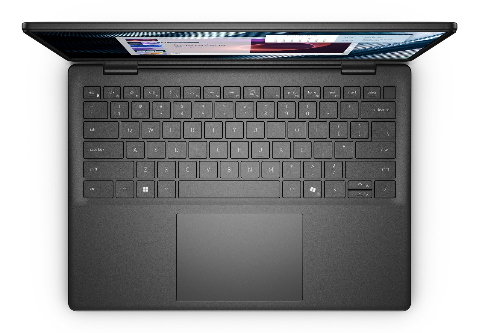 Widok z góry otwartego czarnego laptopa pokazującego klawiaturę i ekran z prezentacją.