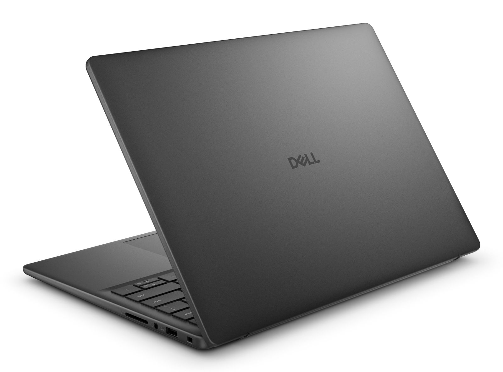 Zamknięty, ciemny laptop Dell z klawiaturą i portami na białym tle.