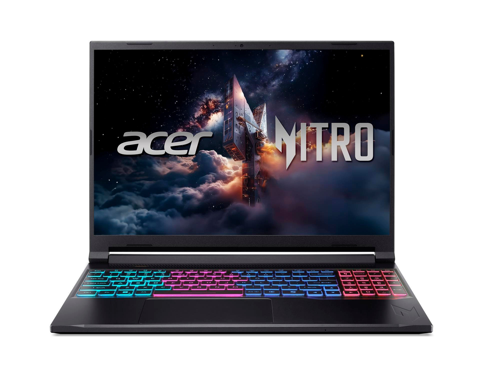 Ein Acer Nitro Laptop mit beleuchteter Tastatur und Weltraum-Hintergrundbild.