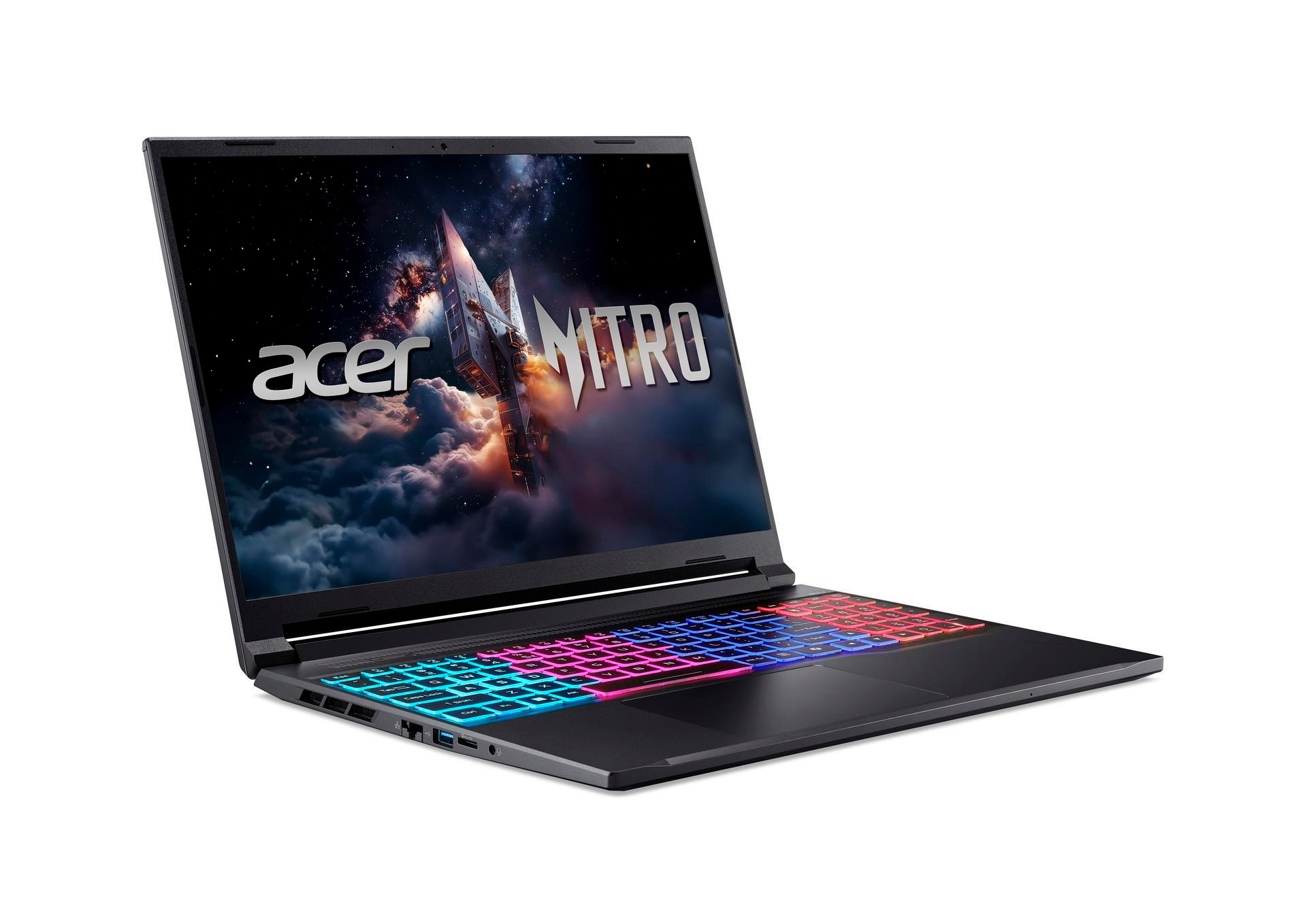 Schwarzer Laptop mit beleuchteter Tastatur in Blau, Pink und Rot. Bildschirmschoner zeigt Raumschiff.
