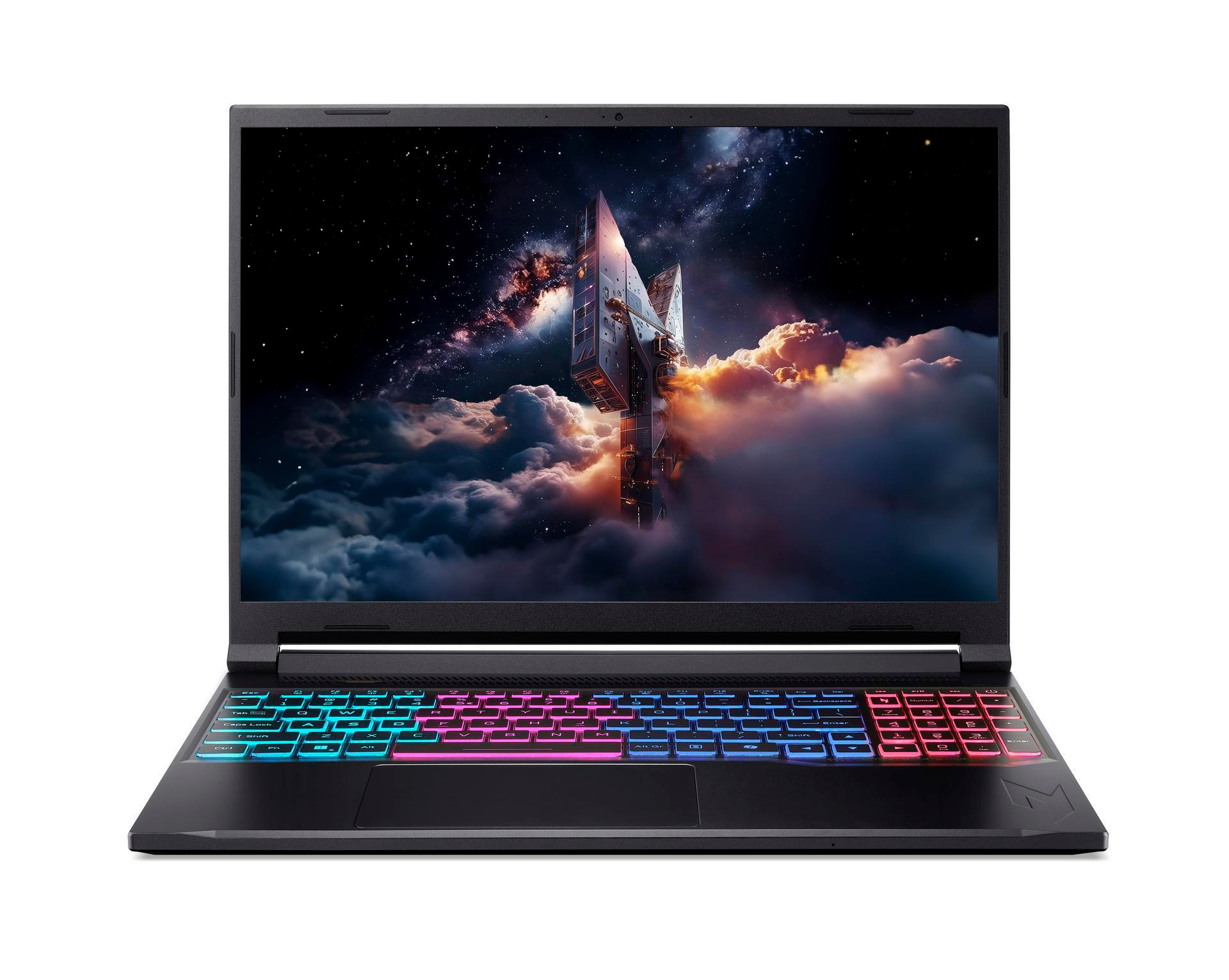 Ein Laptop mit beleuchteter Tastatur und Weltraum-Hintergrundbild.