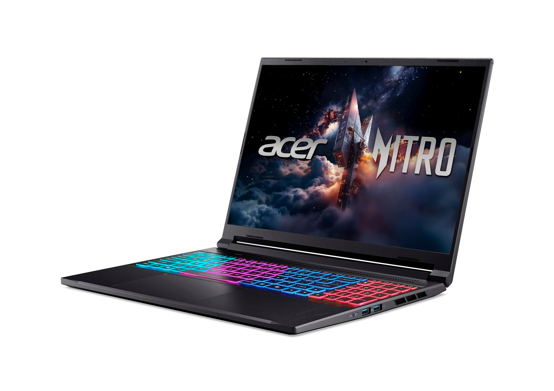 Schwarzer Acer Nitro Laptop mit beleuchteter Tastatur und Weltraum-Hintergrund.