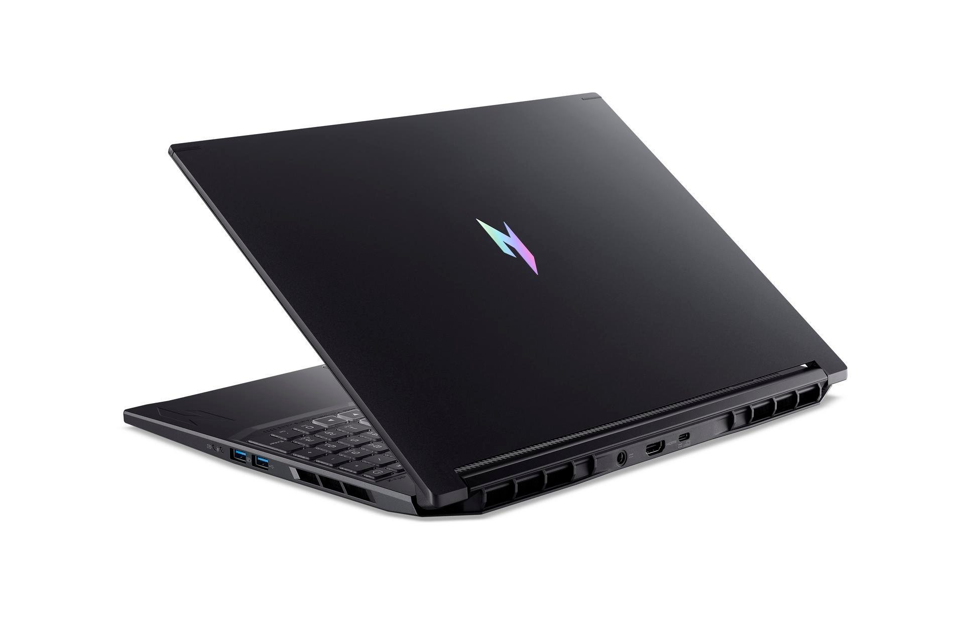 Ein schwarzer Laptop mit einem bunten Blitz-Logo auf dem Deckel.