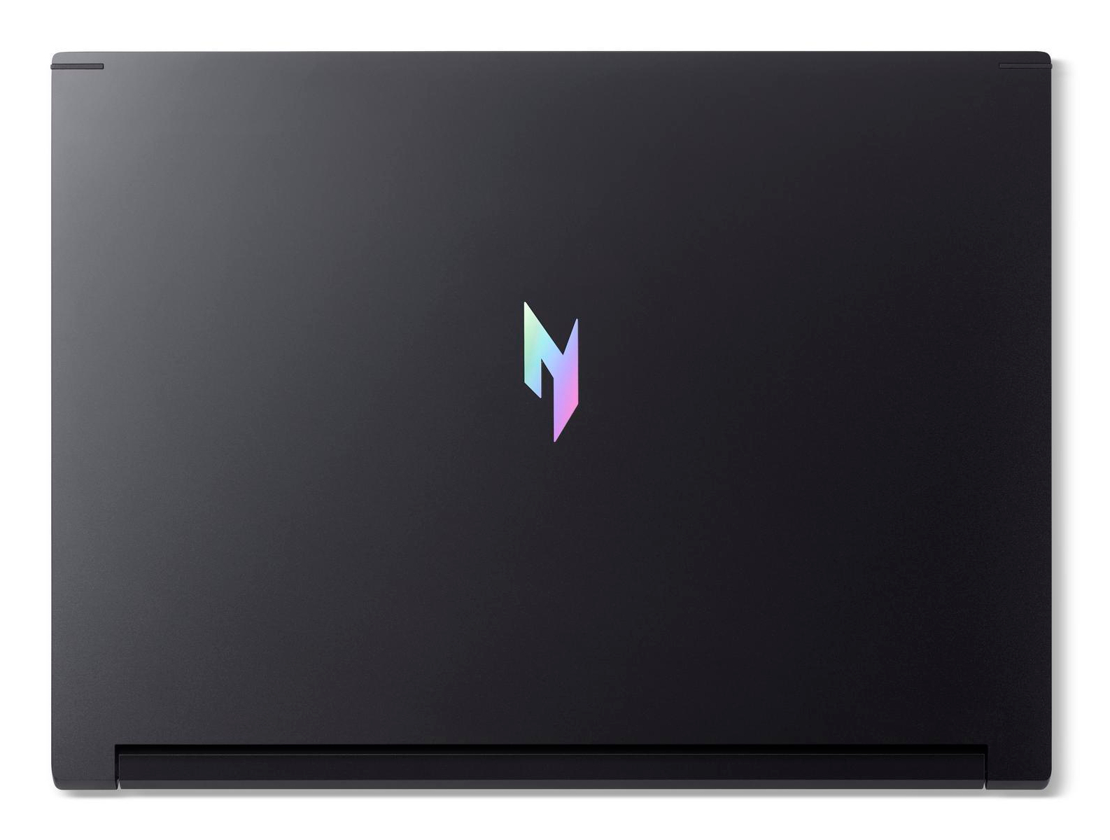 Geschlossener schwarzer Laptop mit einem schillernden Logo in der Mitte.