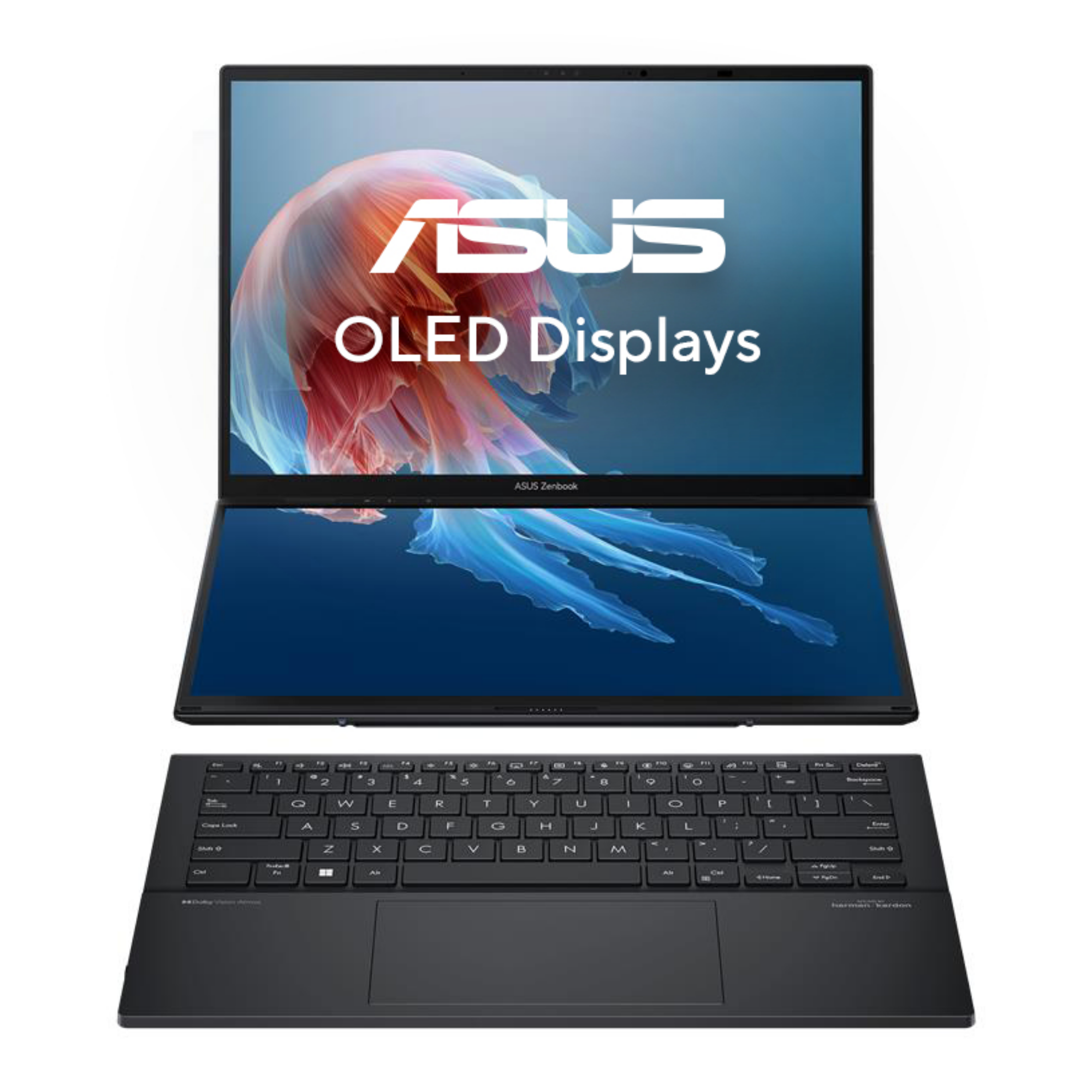 Otwarty laptop ASUS Zenbook z dwoma ekranami i klawiaturą.