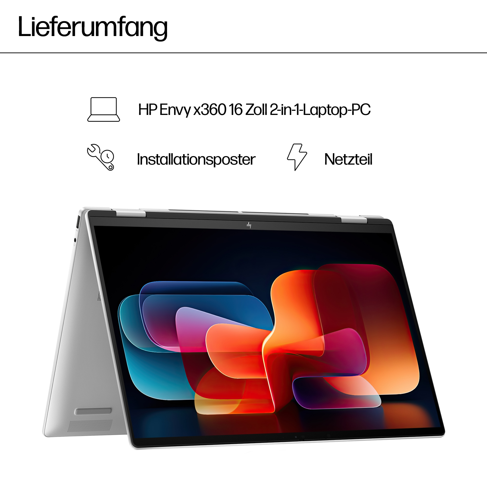 Laptop 2 w 1 HP Envy x360 z plakatem instalacyjnym i zasilaczem.