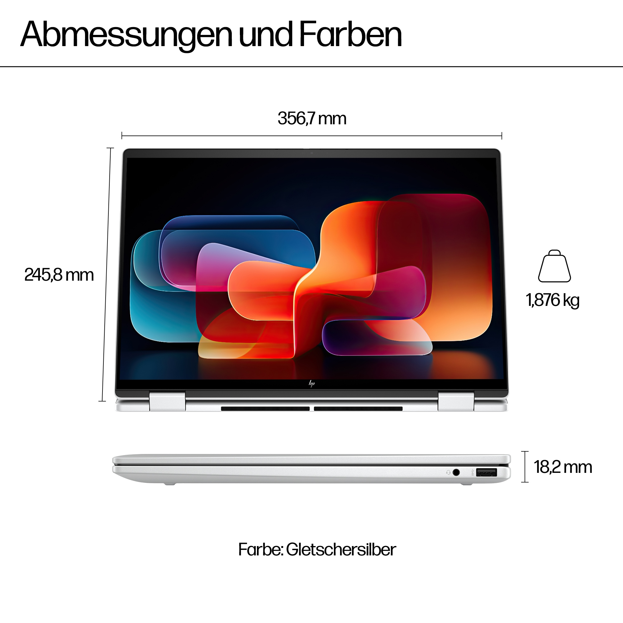 Zamknięty laptop w kolorze srebrnym lodowcowym, wymiary 356,7x245,8x18,2mm, 1,876kg.