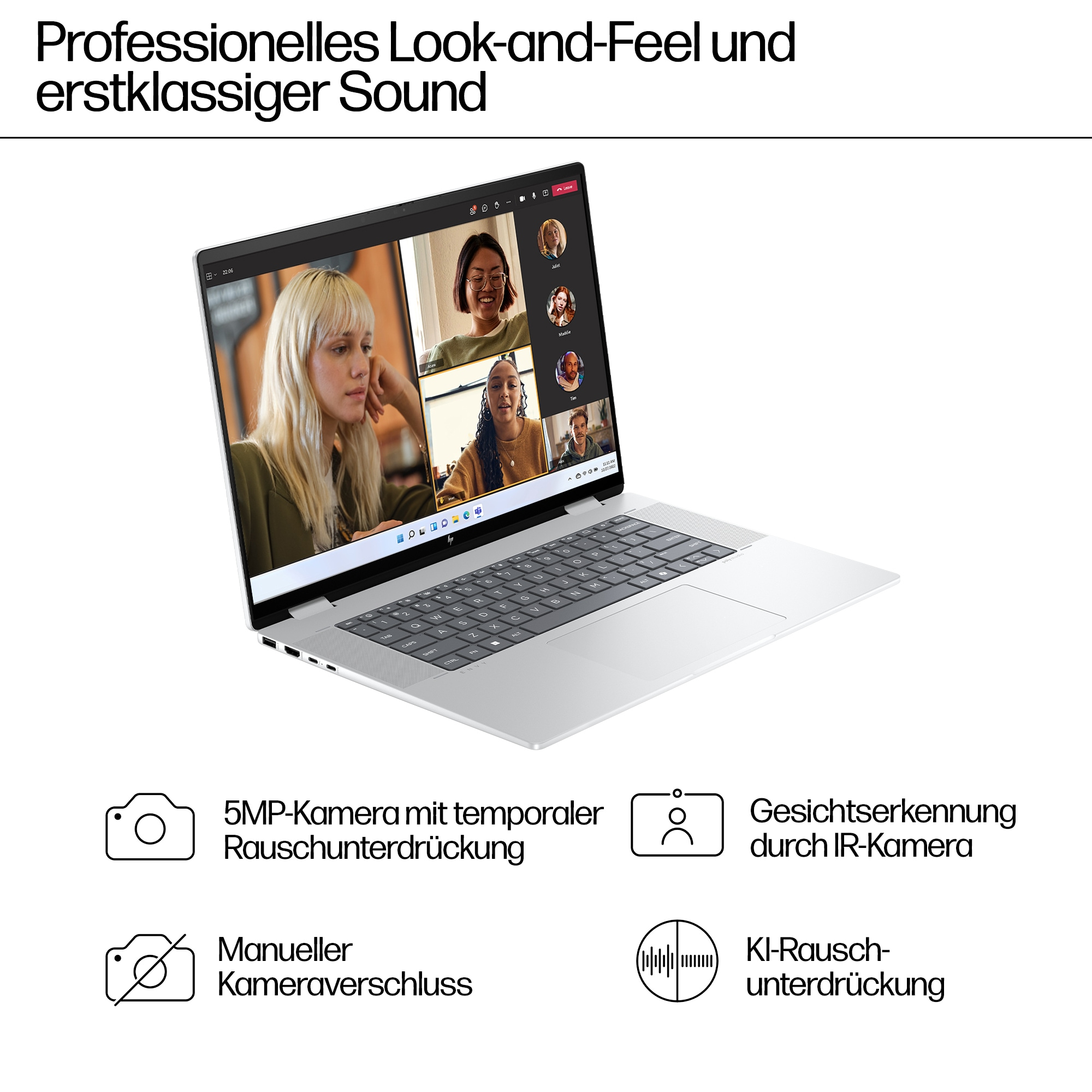 Srebrny laptop z wideokonferencją na ekranie i ikonami poniżej.