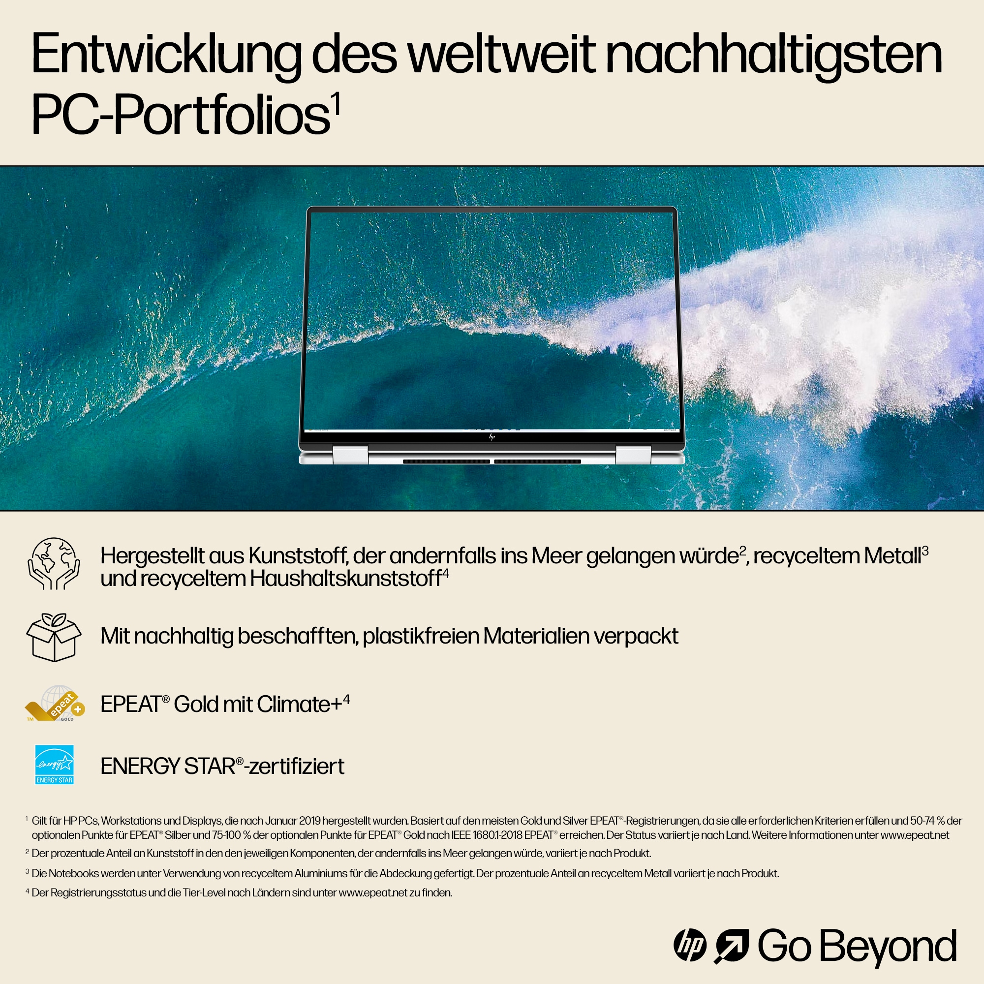 Laptop na fali oceanu, z tekstem o zrównoważonym rozwoju i certyfikatach.