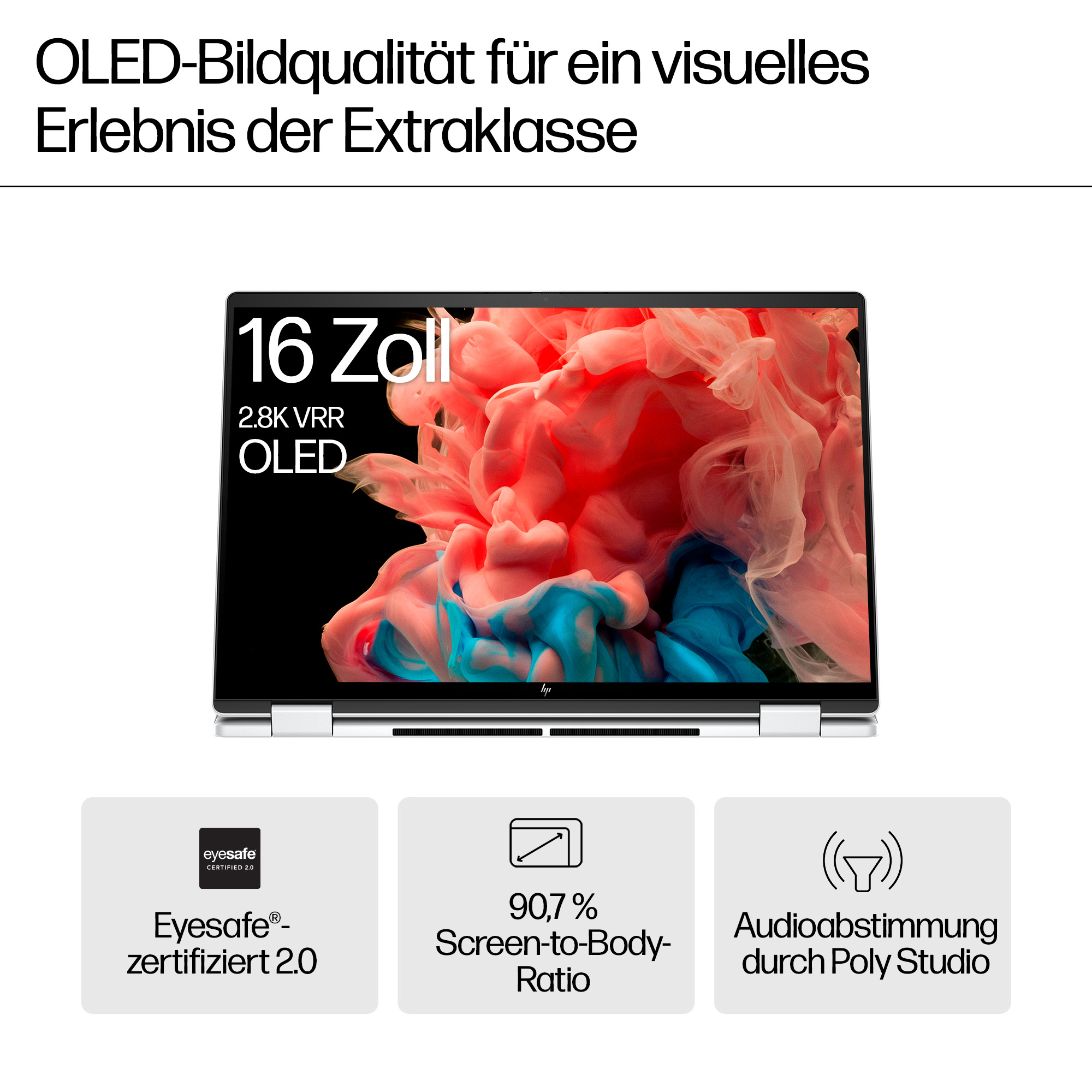 Laptop z 16-calowym ekranem OLED wyświetla kolorowy dym. Poniżej ikony.