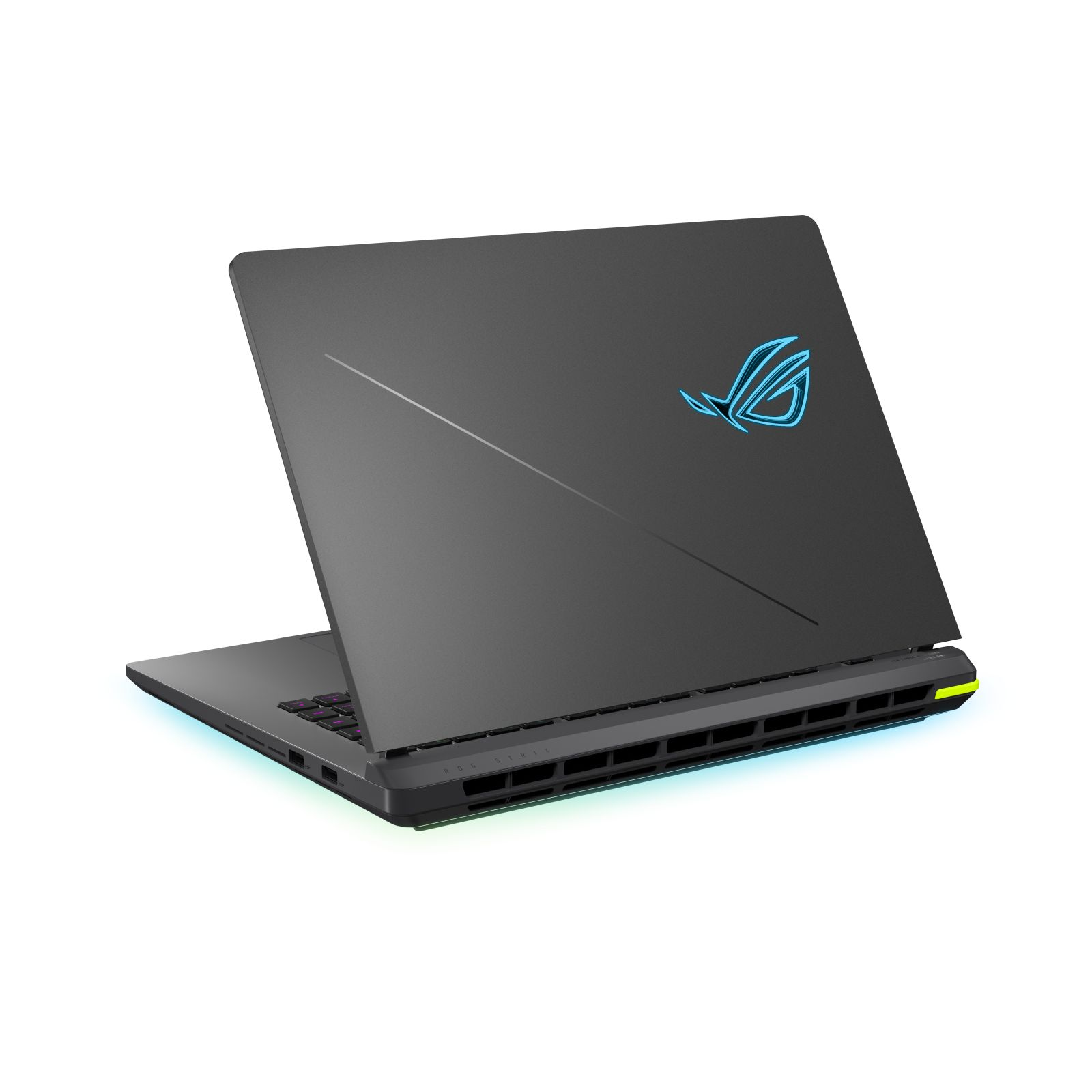Schwarzer Laptop mit blauem Logo, offen mit Tastatur und RGB-Beleuchtung.