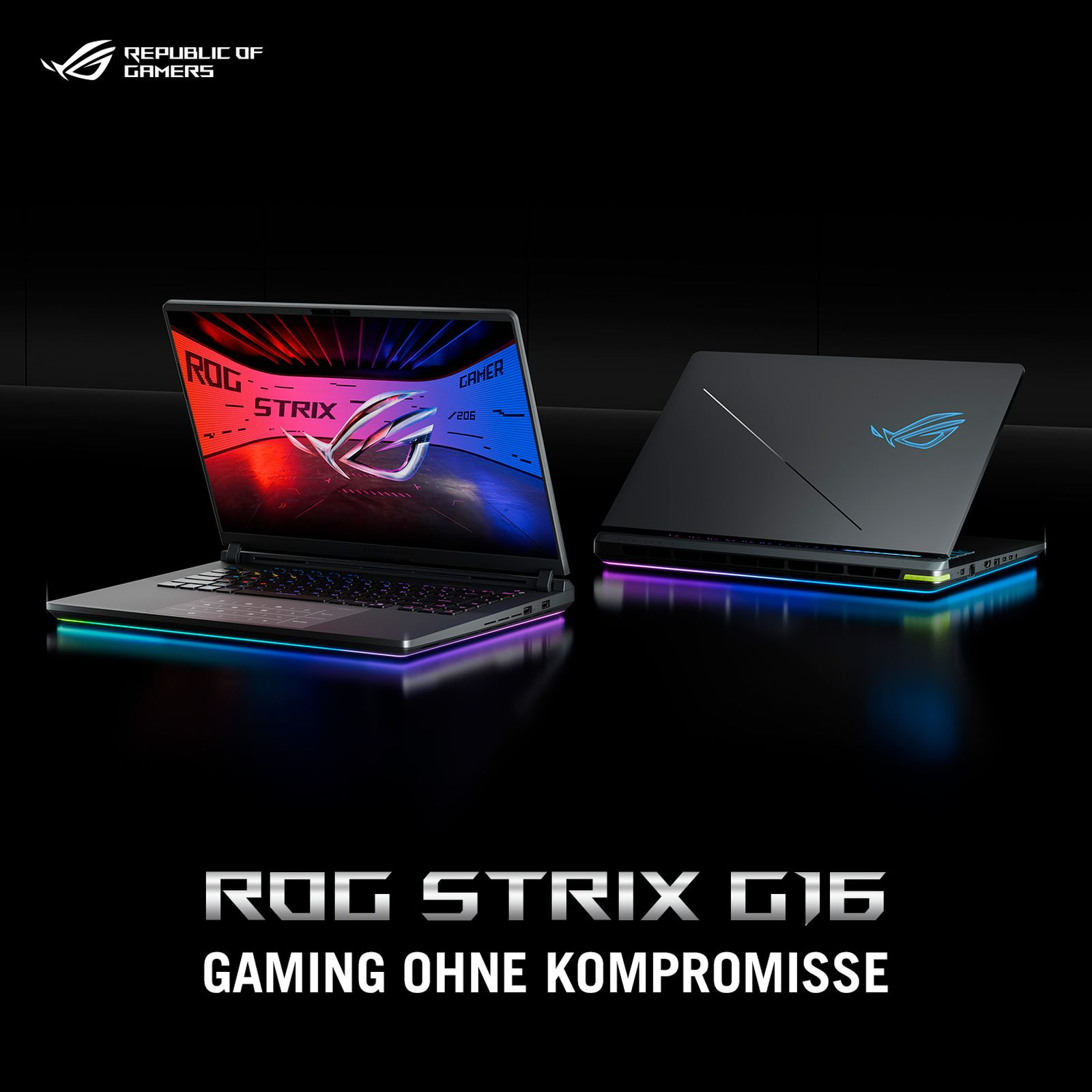 Zwei ROG Strix G16 Laptops im Dunkeln, mit RGB-Beleuchtung.