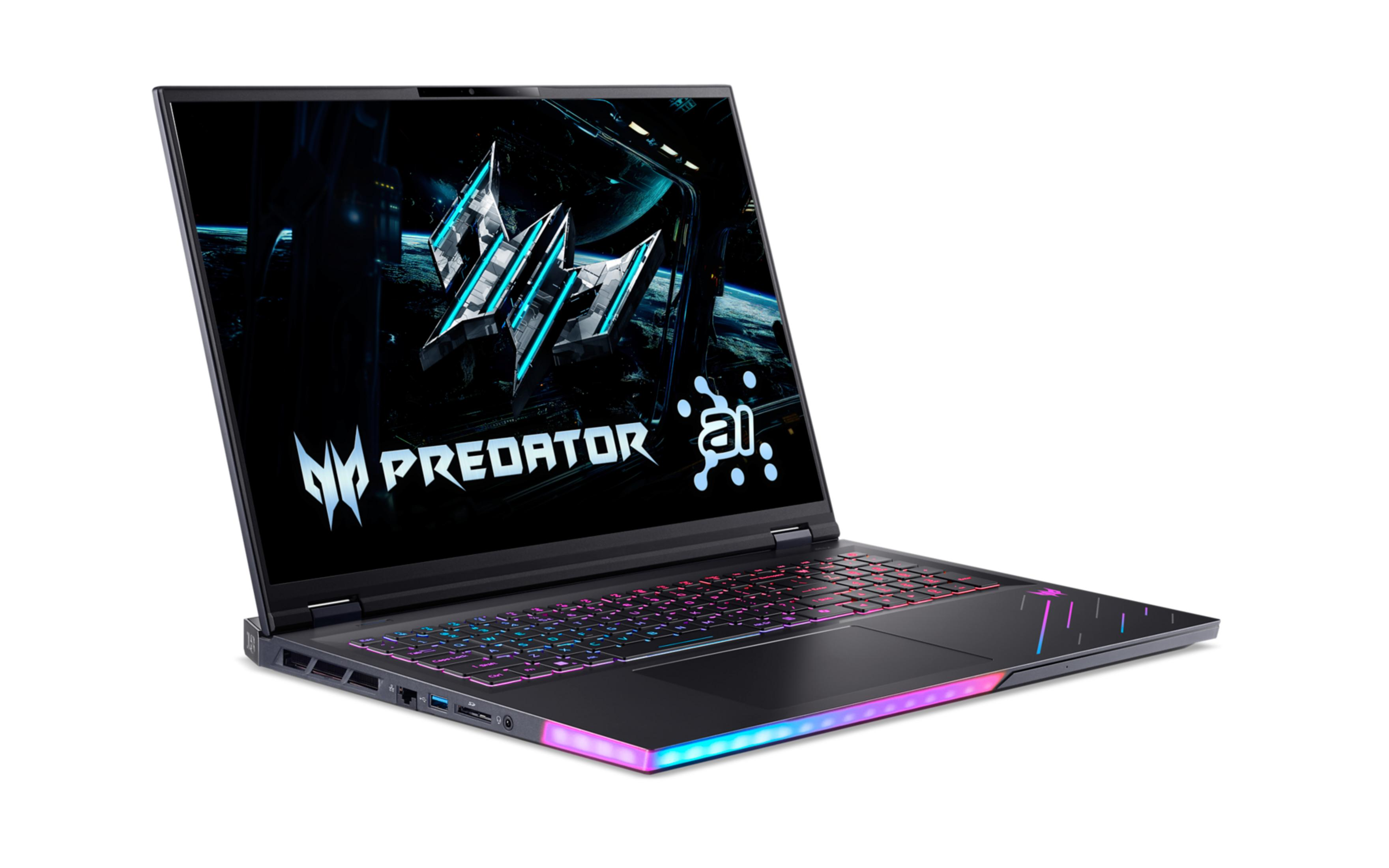 Ein schwarzer Laptop mit beleuchteter Tastatur und Predator-Logo.