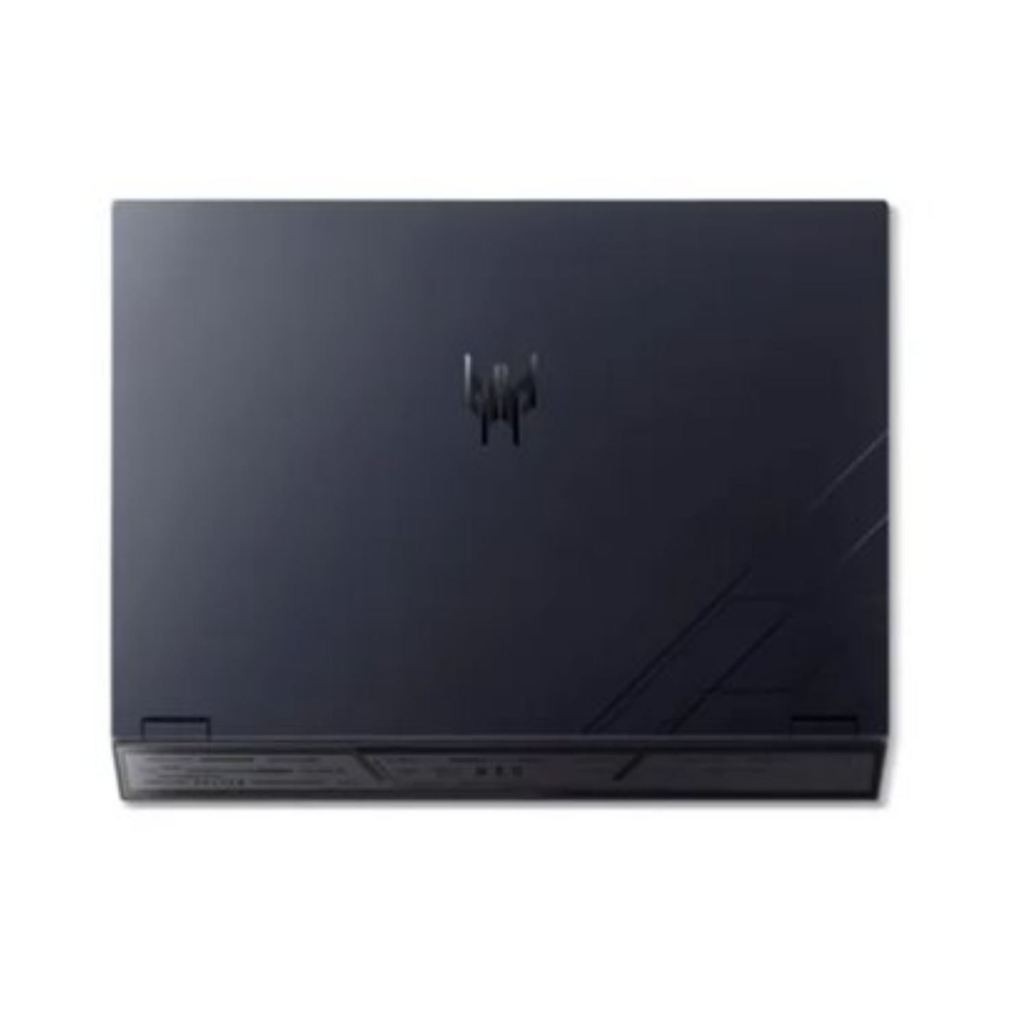 Geschlossener dunkelblauer Laptop mit silbernem Logo auf dem Deckel.