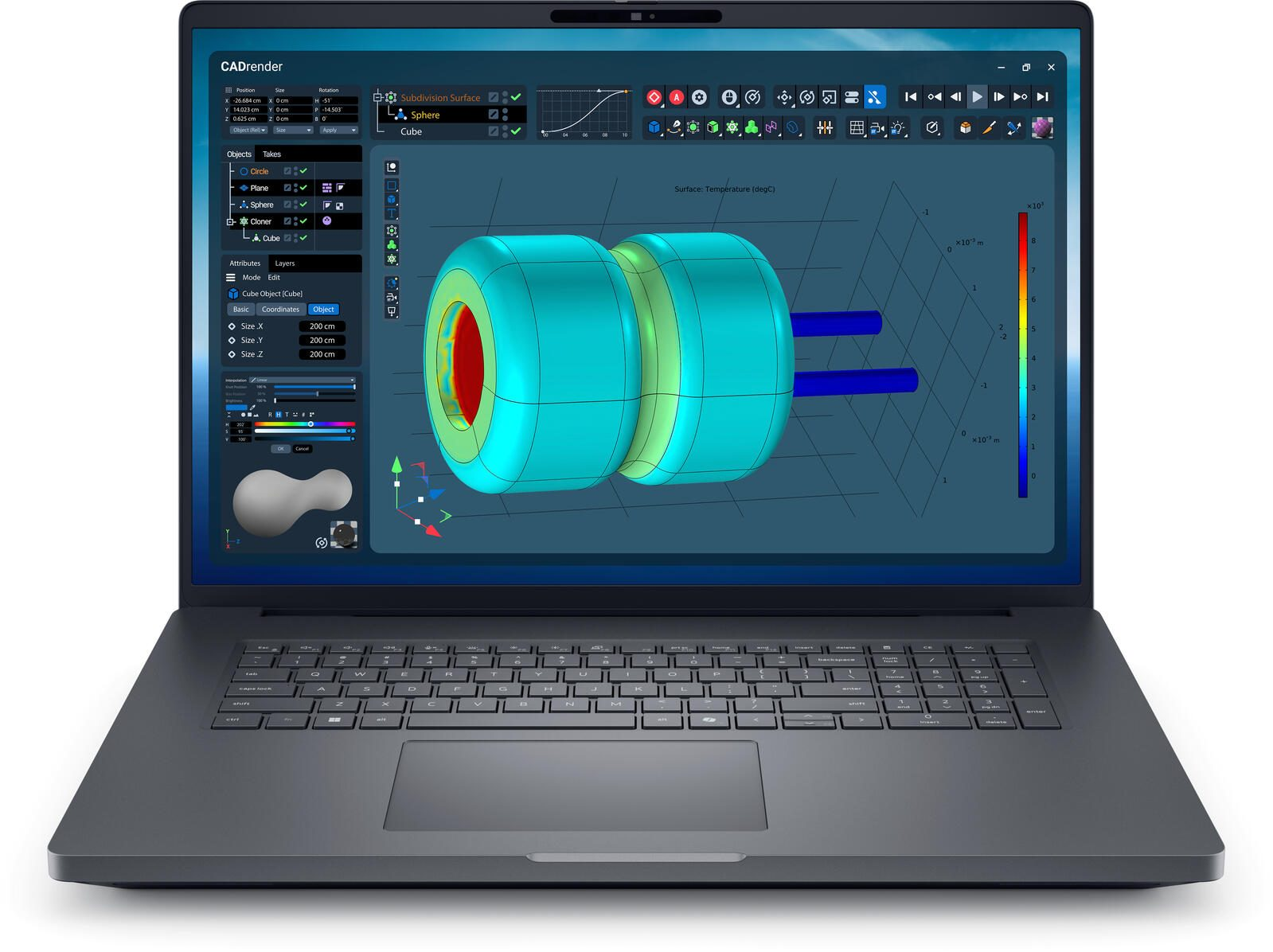 Laptop wyświetla oprogramowanie do projektowania 3D z modelem turkusowych pierścieni i niebieskich prętów.