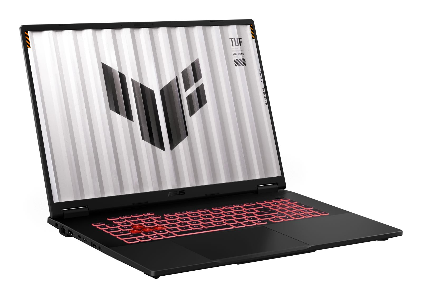 Ein schwarzer Laptop zeigt einen metallisch grauen Hintergrund mit einem großen schwarzen Logo und pink beleuchteten Tasten.