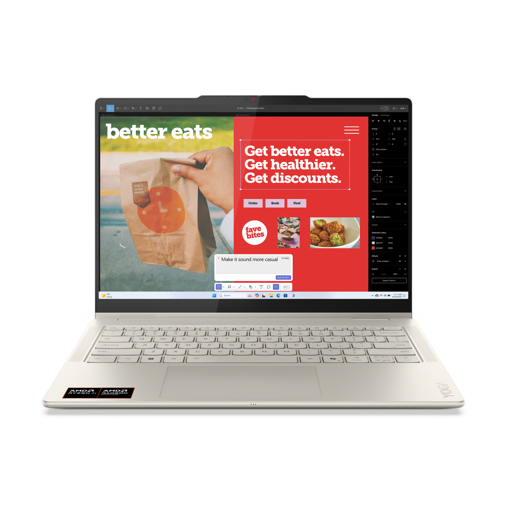 Laptop wyświetla aplikację projektową z obrazami jedzenia i tekstem. Klawiatura widoczna.
