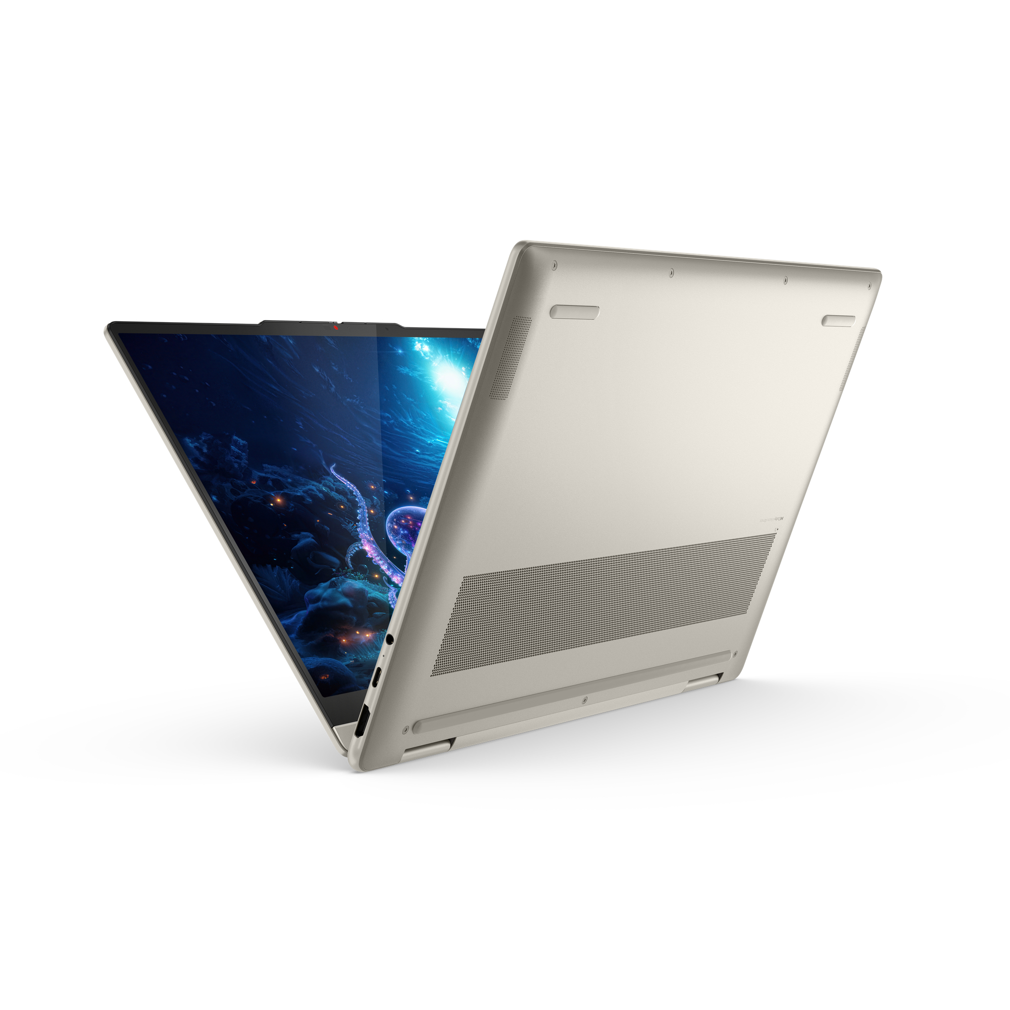 Otwarty, jasny laptop z ośmiornicą na ekranie.