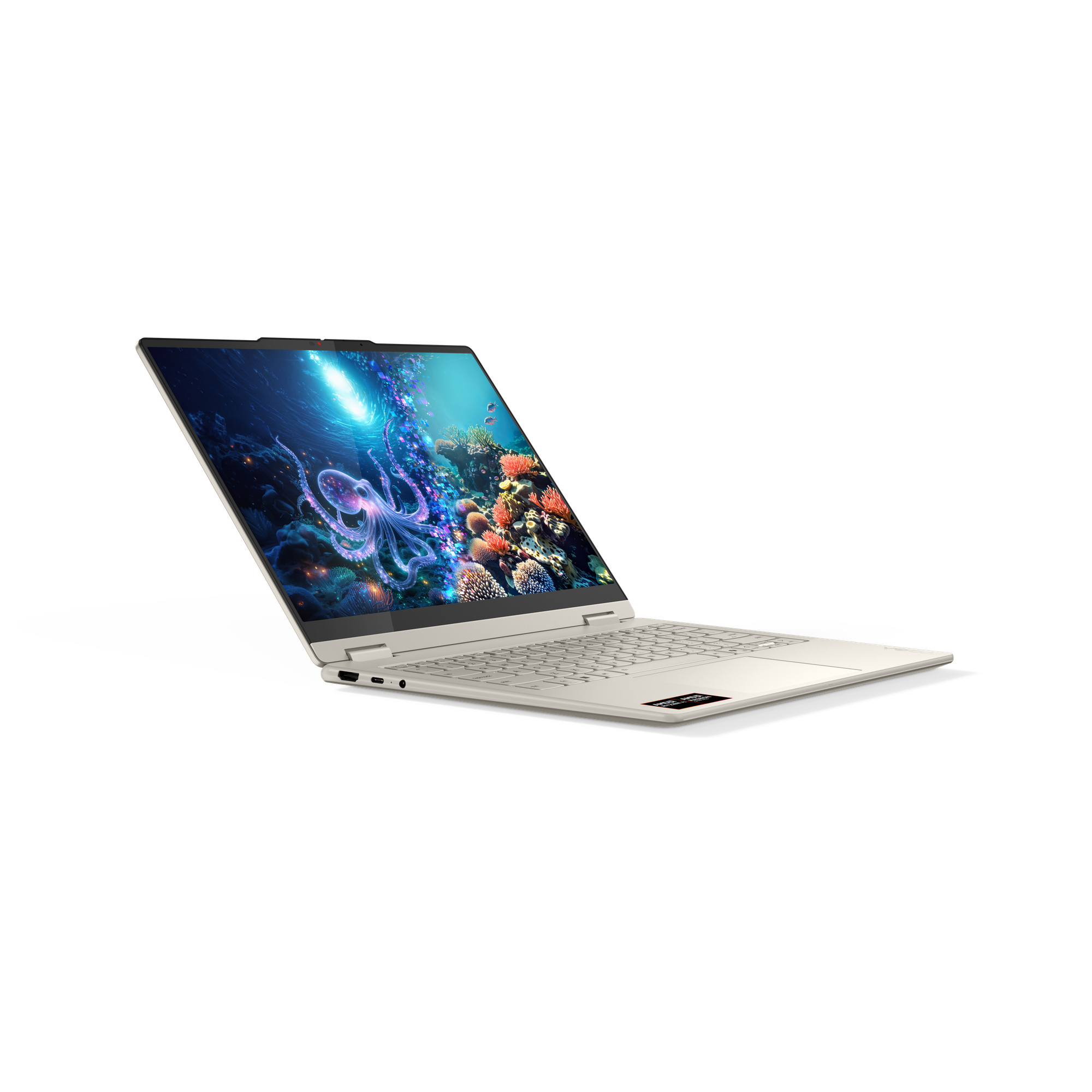 Jasnobrązowy laptop jest otwarty, wyświetla ośmiornicę w morzu.